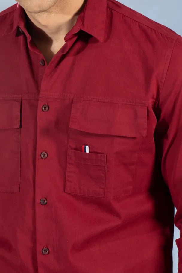 Red Men's Flap Pocket Twill Plain Shirt