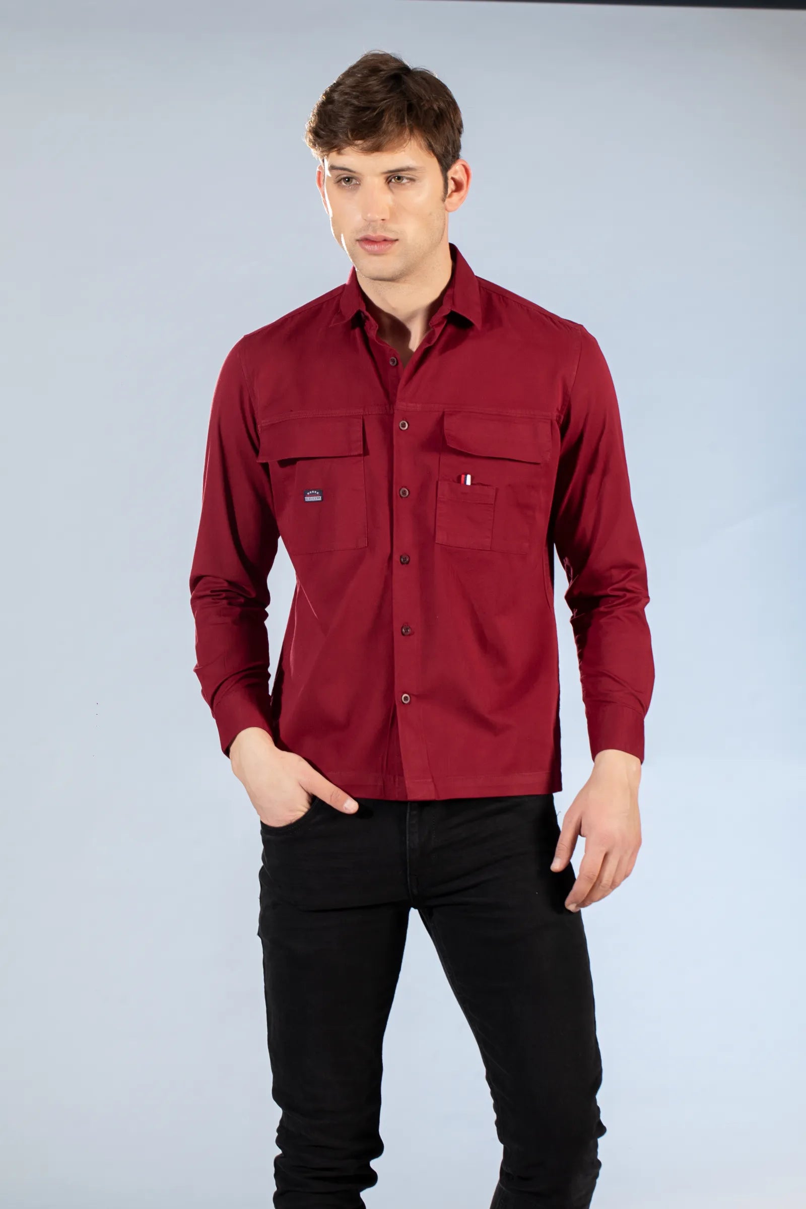 Red Men's Flap Pocket Twill Plain Shirt