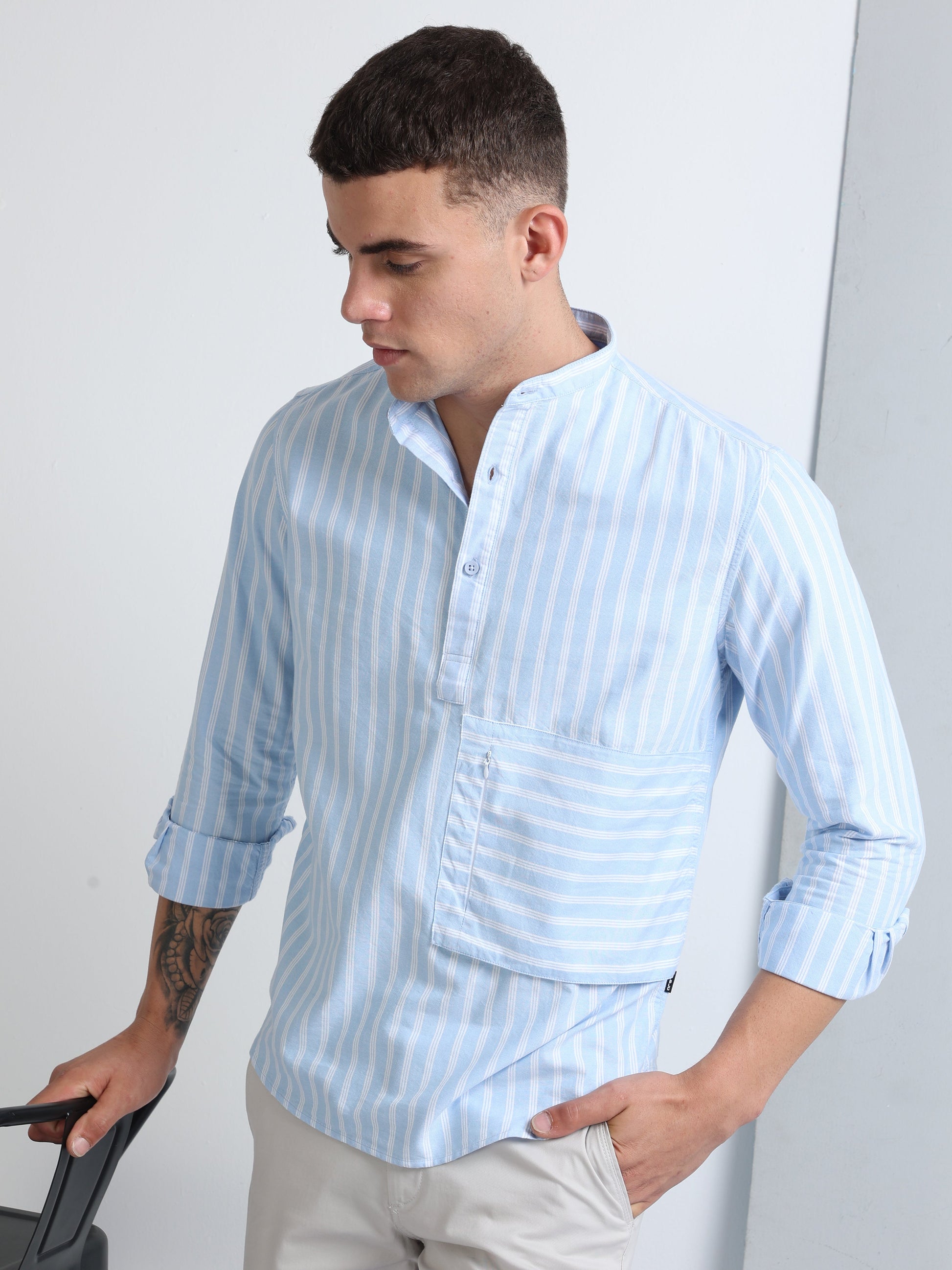 Buy Fresh Striped Chinese Collar Stylish Pocket Shirt Online.