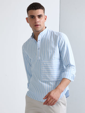 sky blue chinese collar stylish pocket men's striped shirt