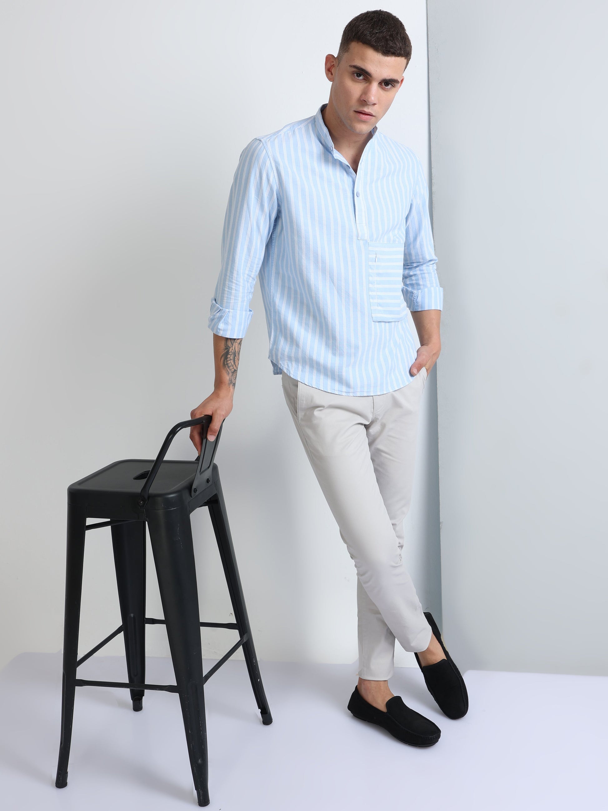 Buy Fresh Striped Chinese Collar Stylish Pocket Shirt Online.
