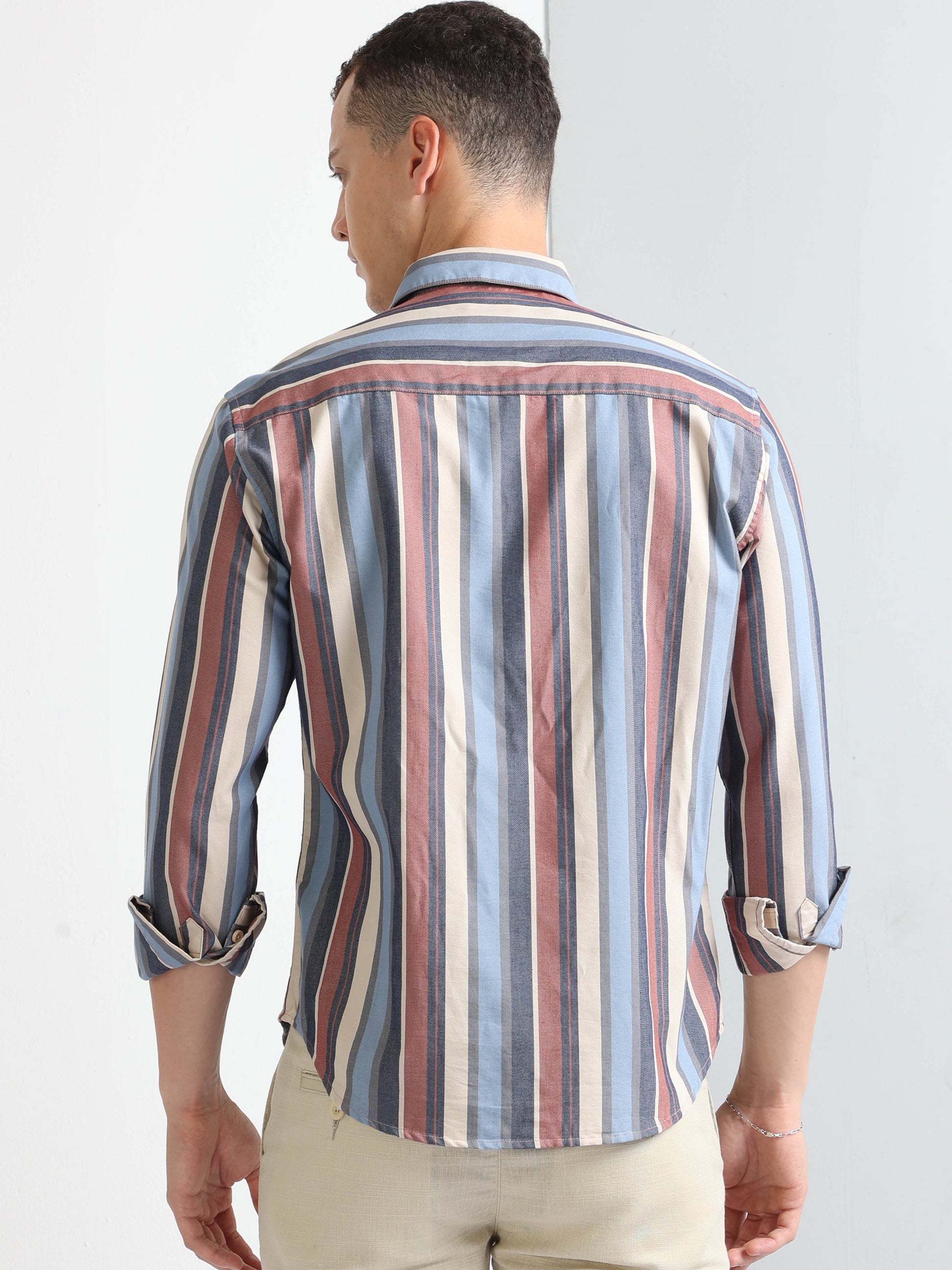 blue full sleeve single pocket striped shirt