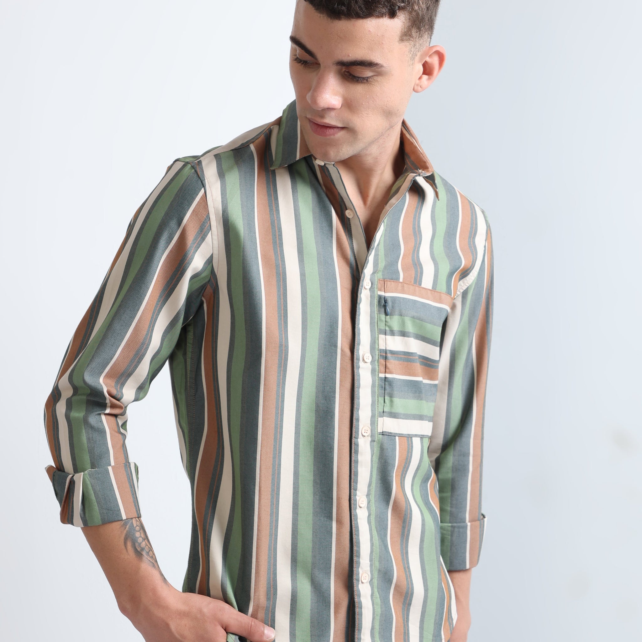 green single pocket full sleeve striped shirt