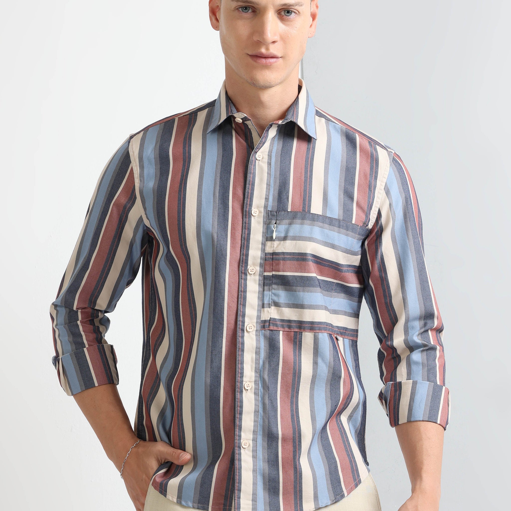 Buy Full Sleeve Stipe Stylish Pocket Shirt Online.