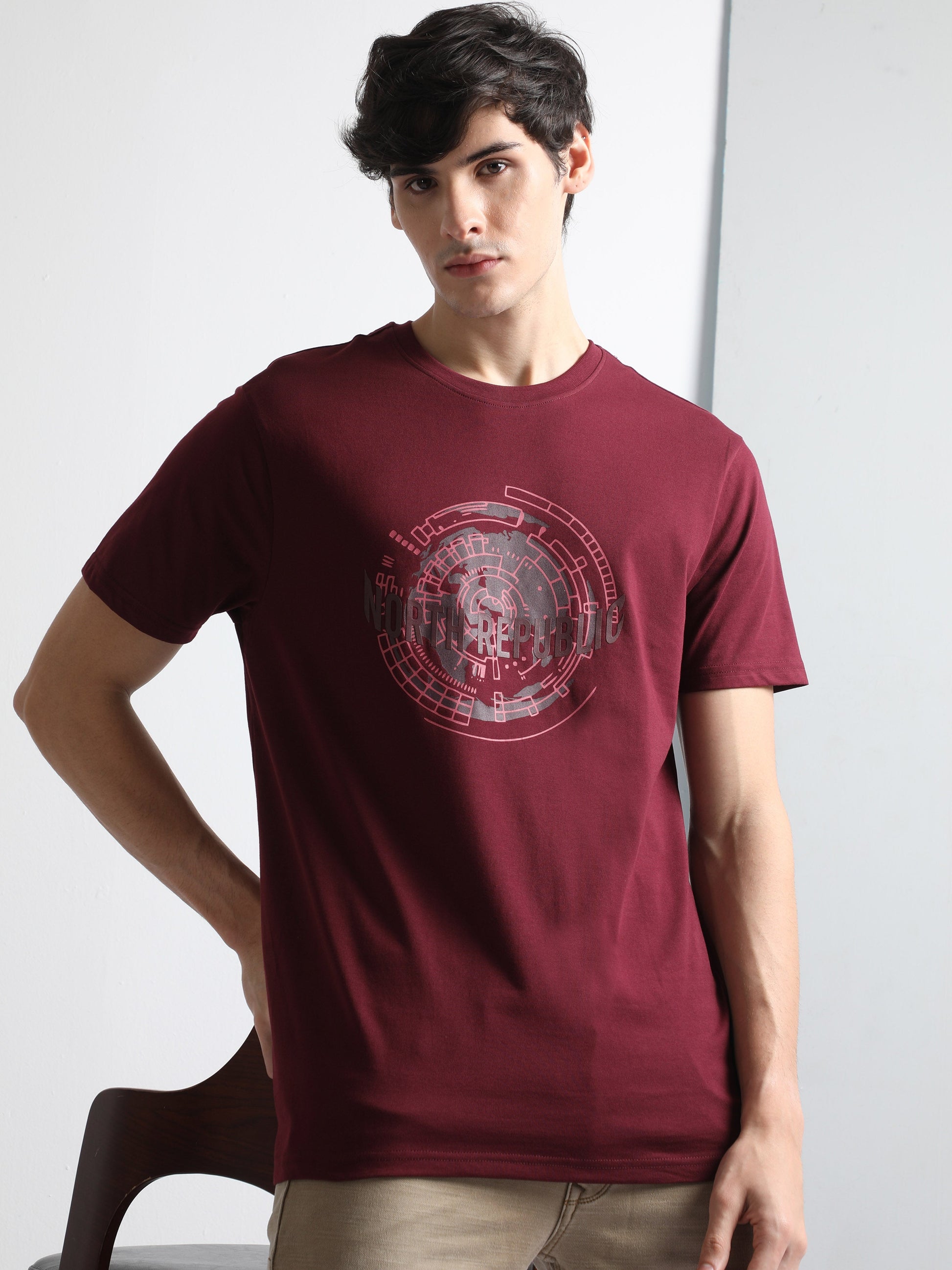 Burgundy Fashion Crew Neck Graphic Printed T Shirt