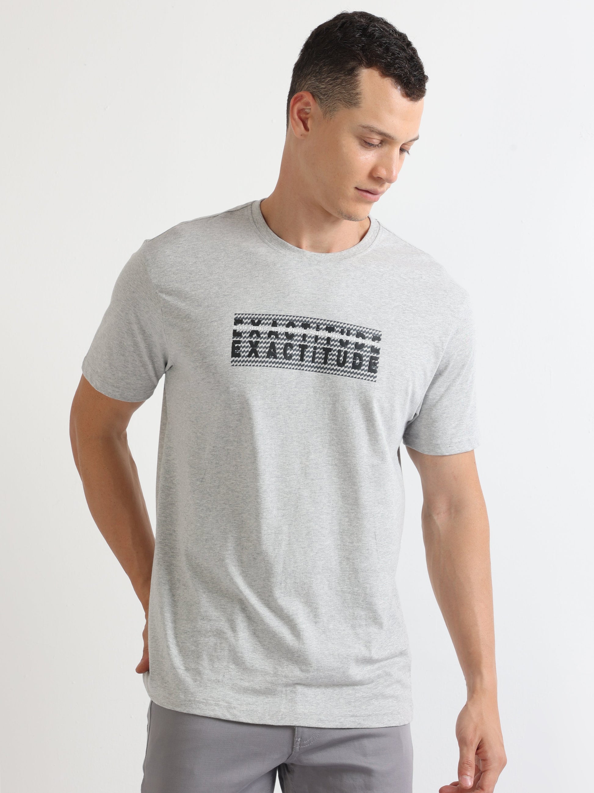 Grey Mellange Fashion Crew Neck Graphic Printed T Shirt