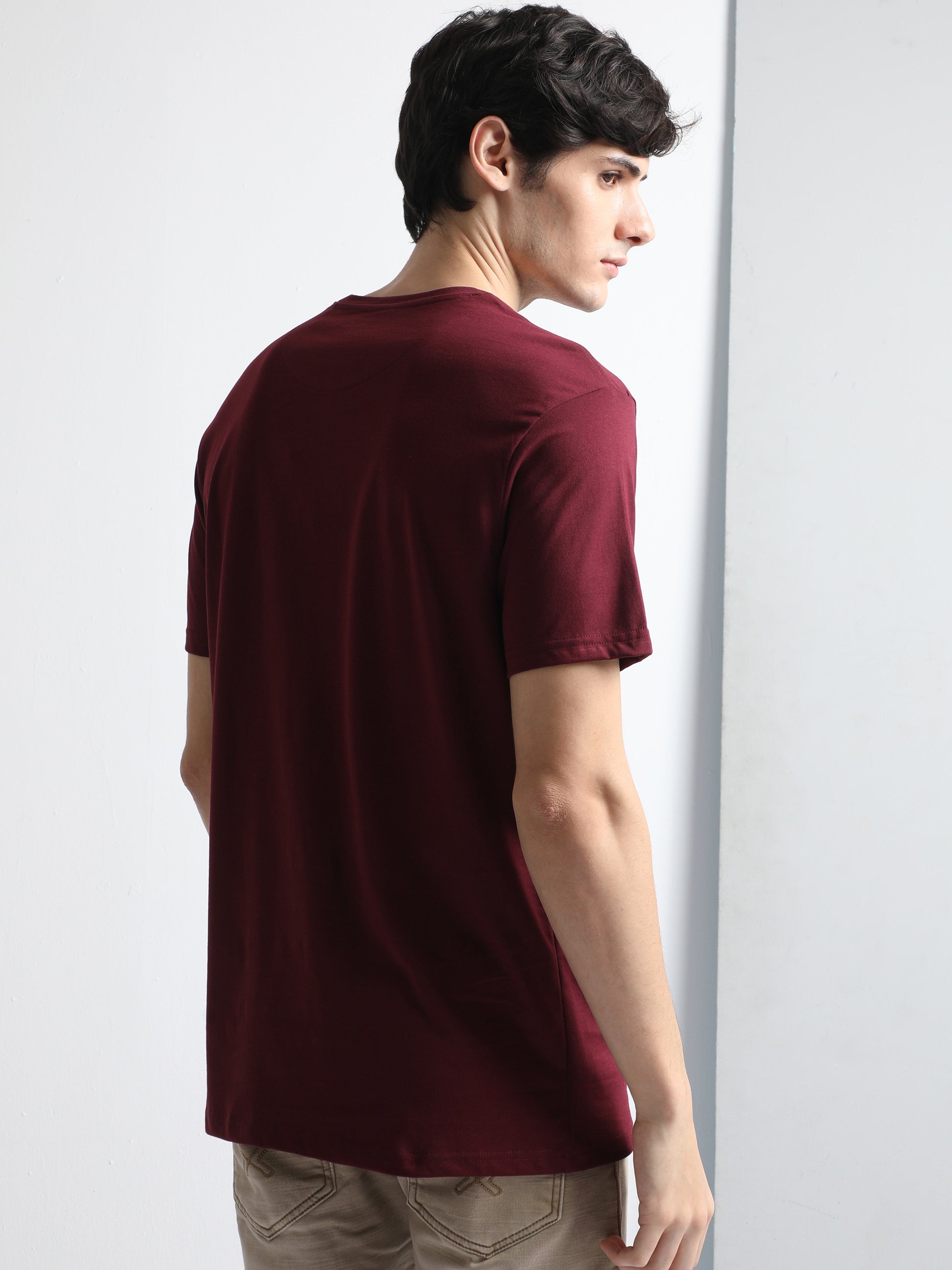 Burgundy Fashion Crew Neck Graphic Printed T Shirt