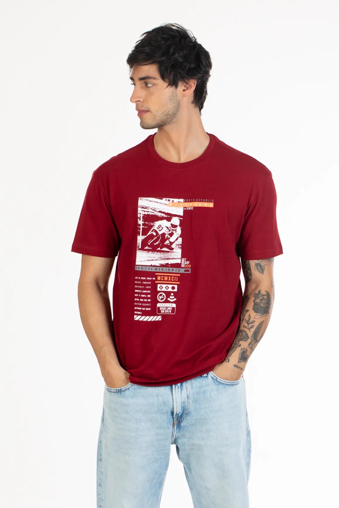 Dark Red Round Neck Graphic Printed T Shirt