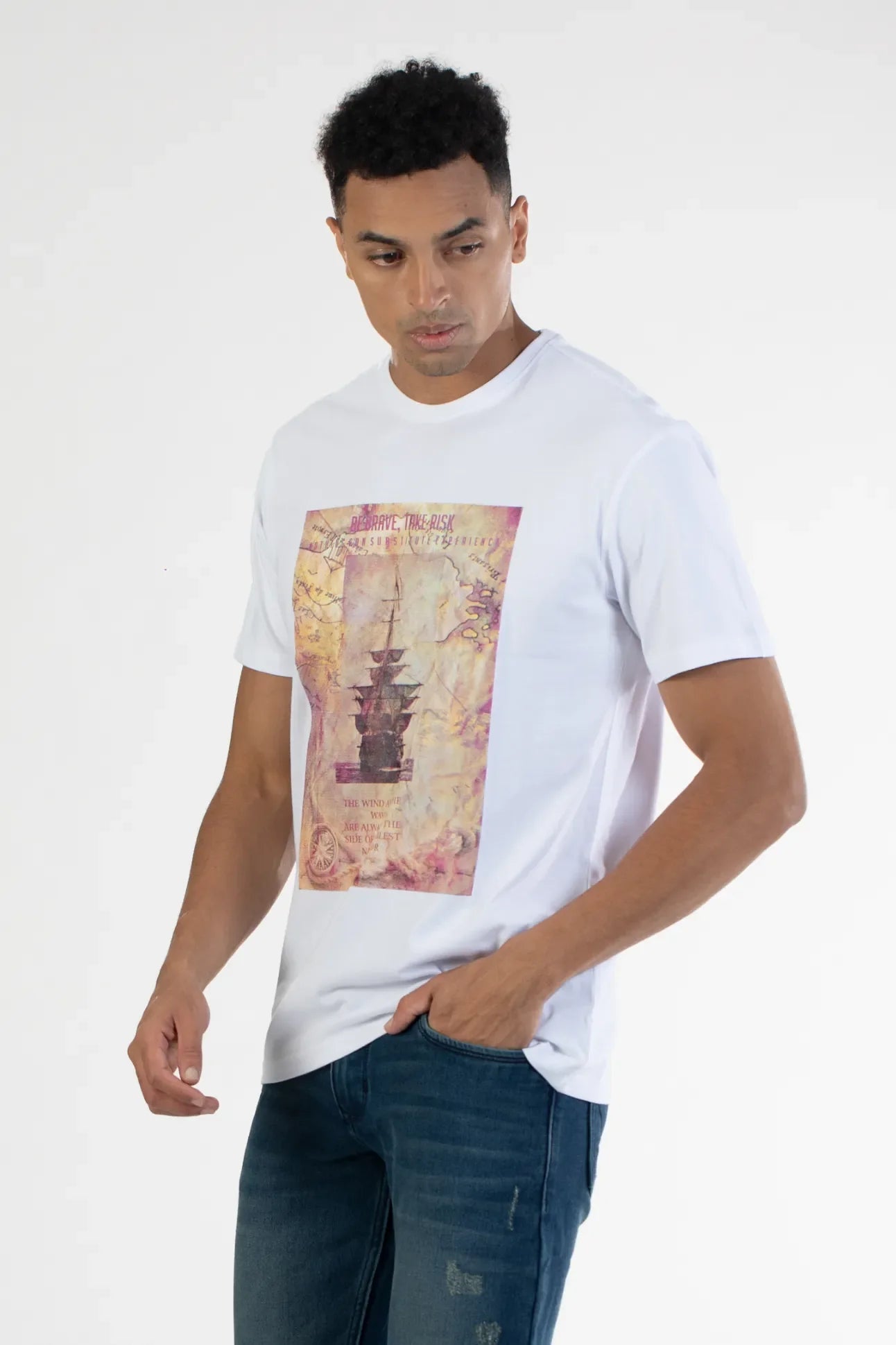 White Round Neck Graphic Printed T Shirt