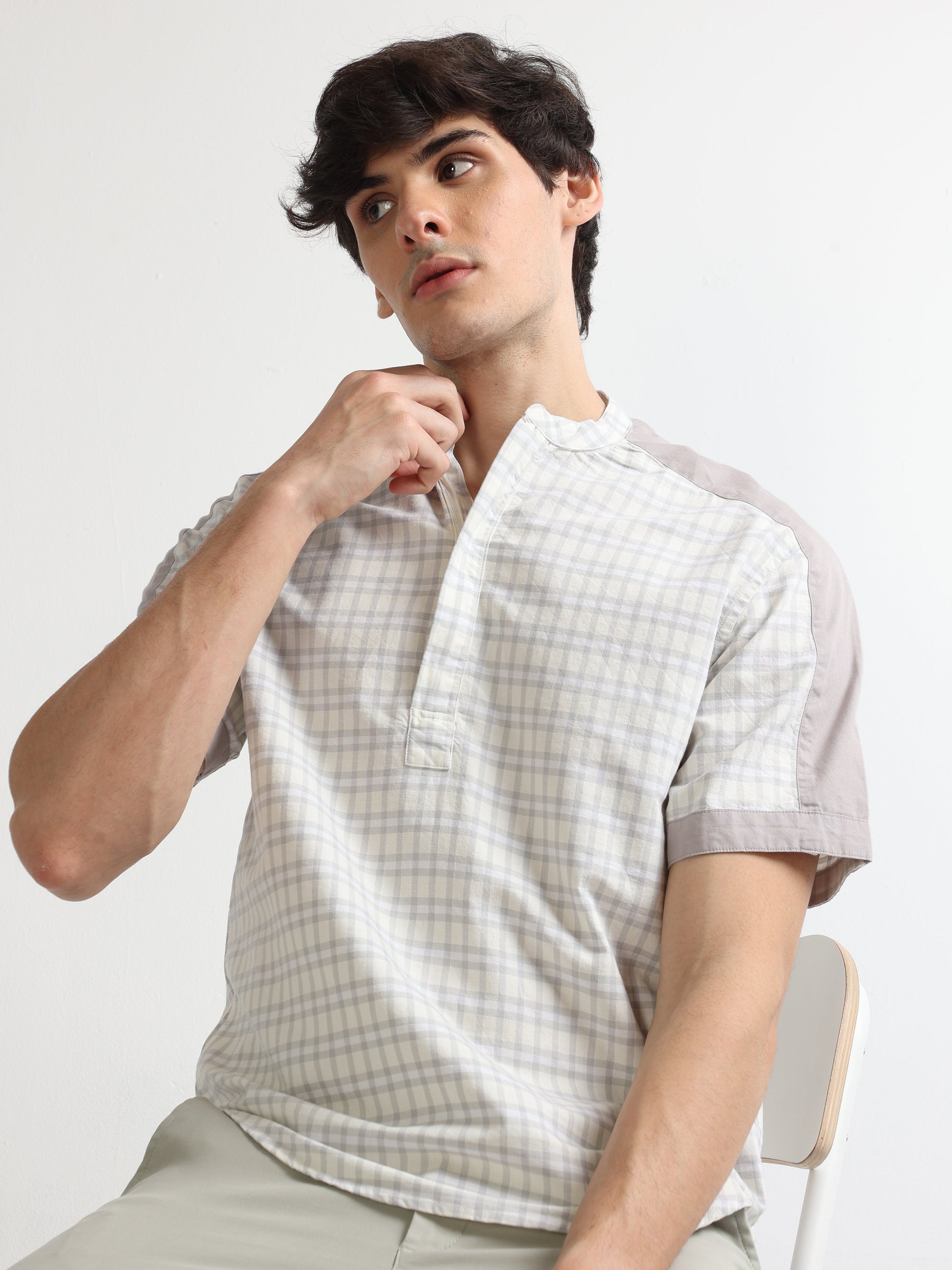 Buy Half Sleeves Chinese Collar Shoulder Panel Shirt Online.