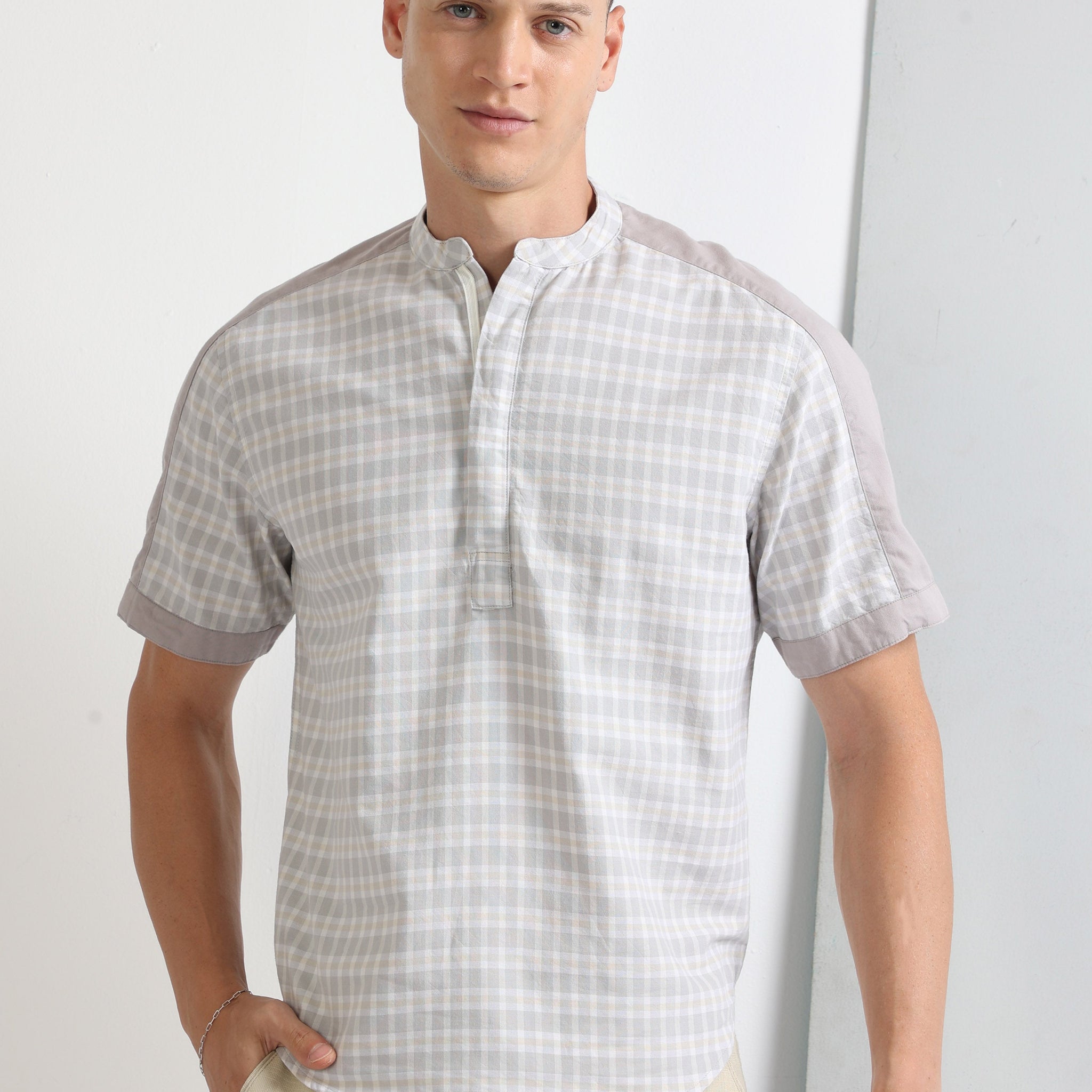 Grey Half Sleeve Chinese Collar Shoulder Panel Checked Shirt