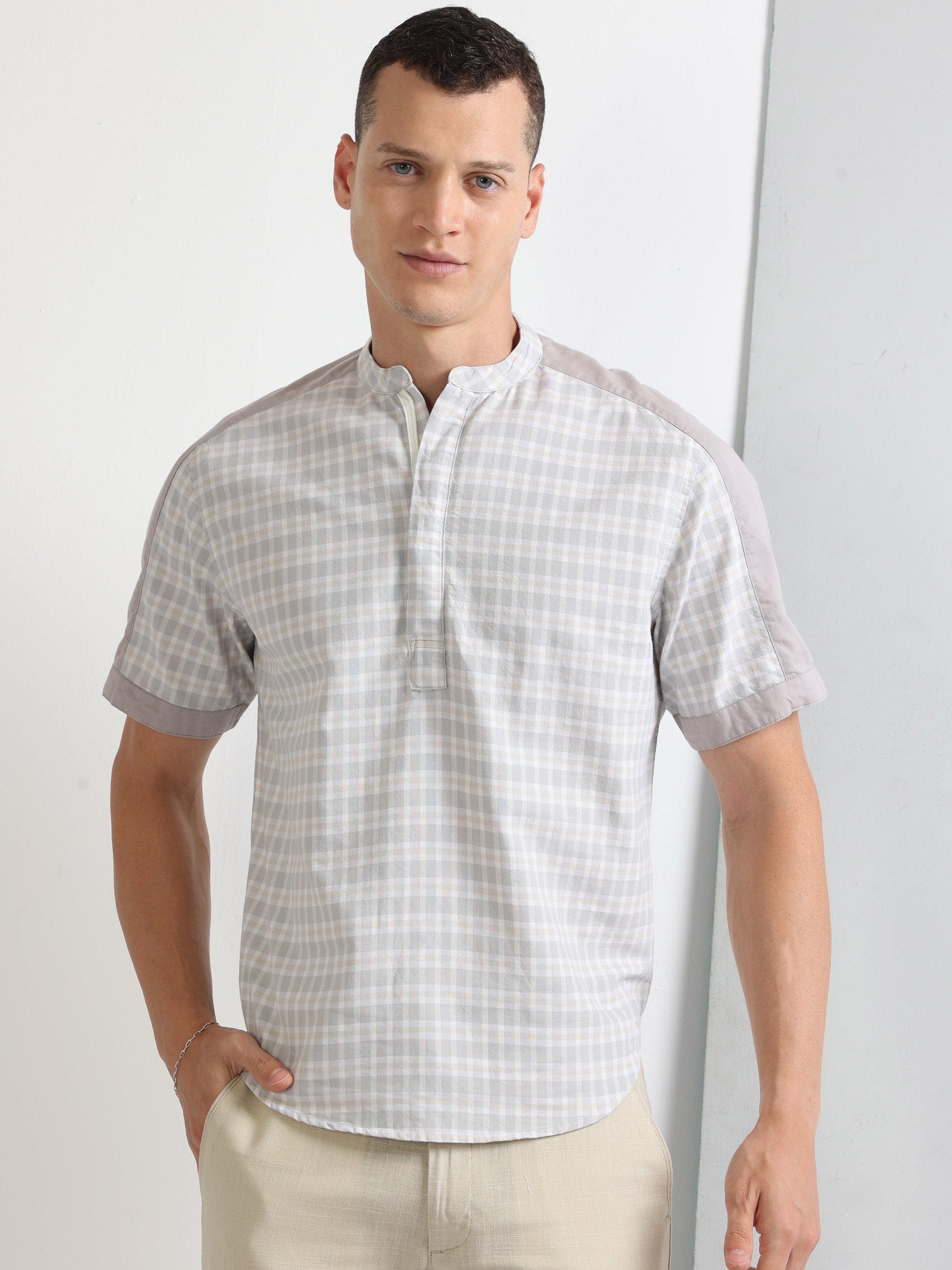 Buy Grey Half Sleeve Chinese Collar Shoulder Panel Checked Shirt