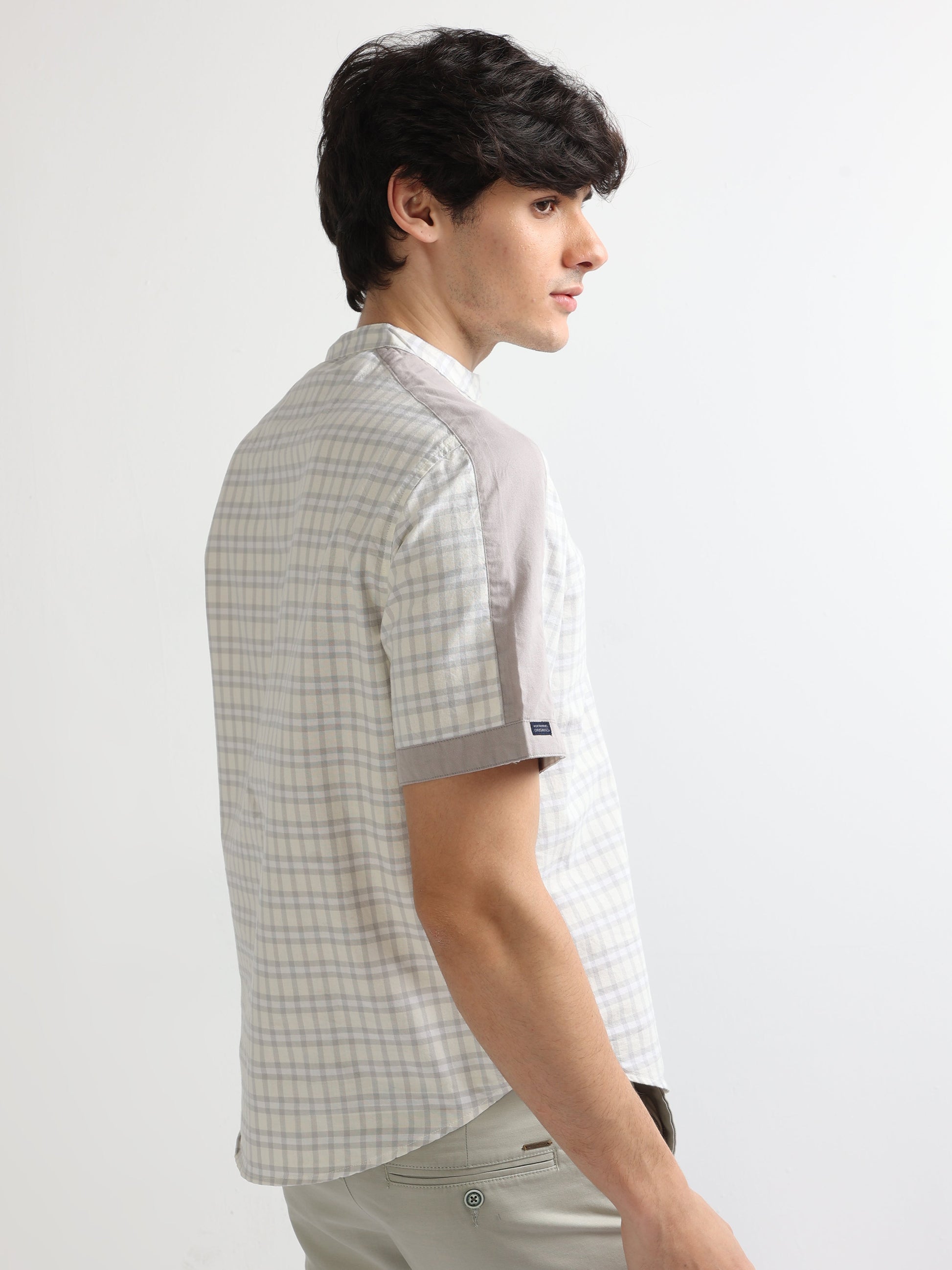 Buy Half Sleeves Chinese Collar Shoulder Panel Shirt Online.