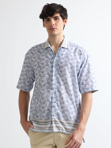 blue drawcod panel men's printed shirt
