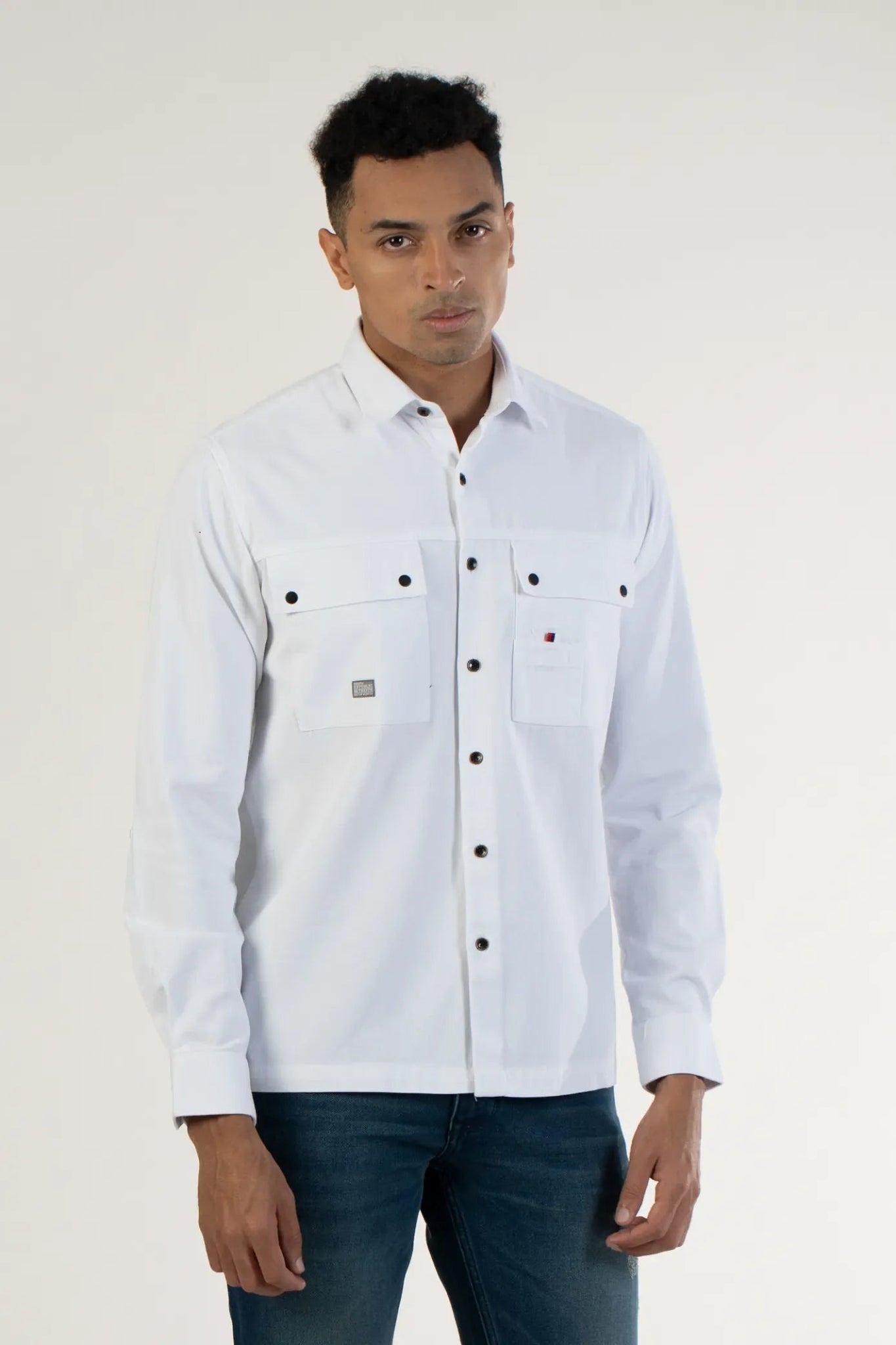 White Men's Heavy Twill Cargo Pocket Plain Shirt