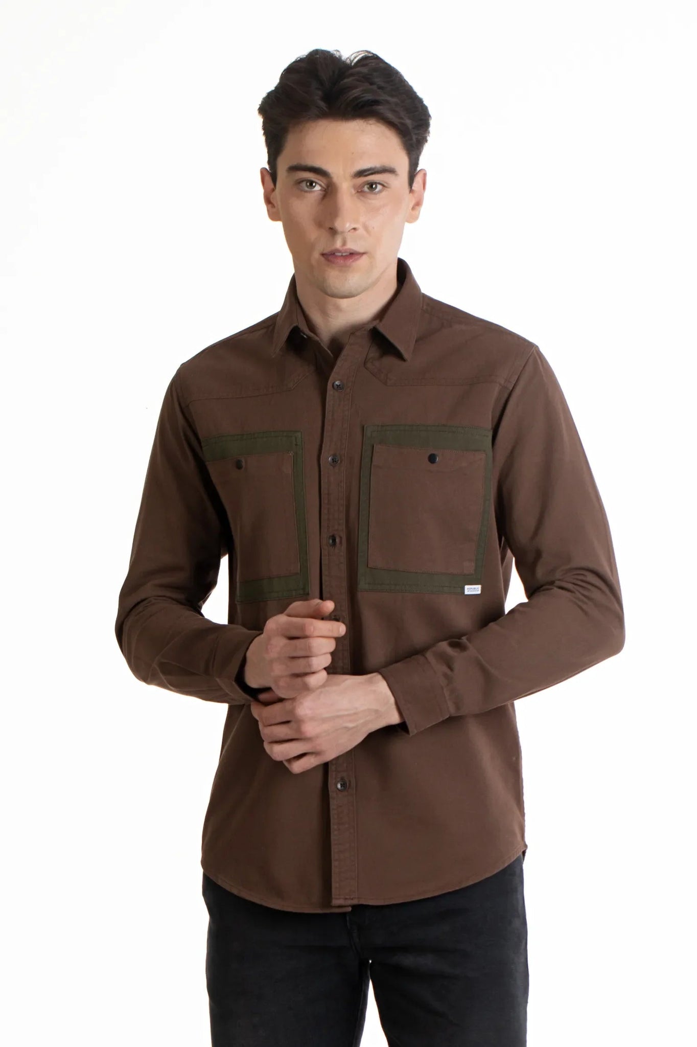 Brown Heavy Twill Patch Double Pocket Plain Shirt