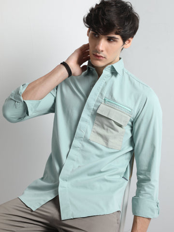 Sea Green Men's Stylish with Hidden pocket Shirt