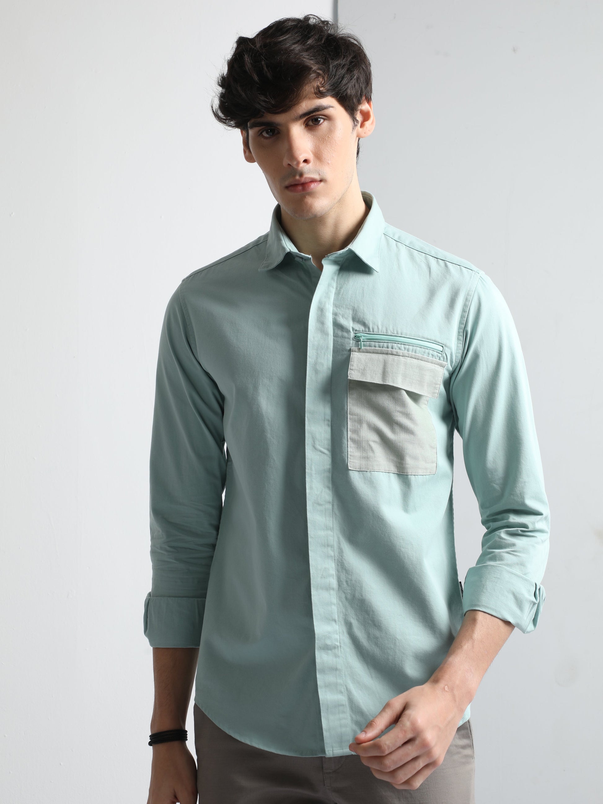 Sea Green Men's Stylish with Hidden pocket Shirt