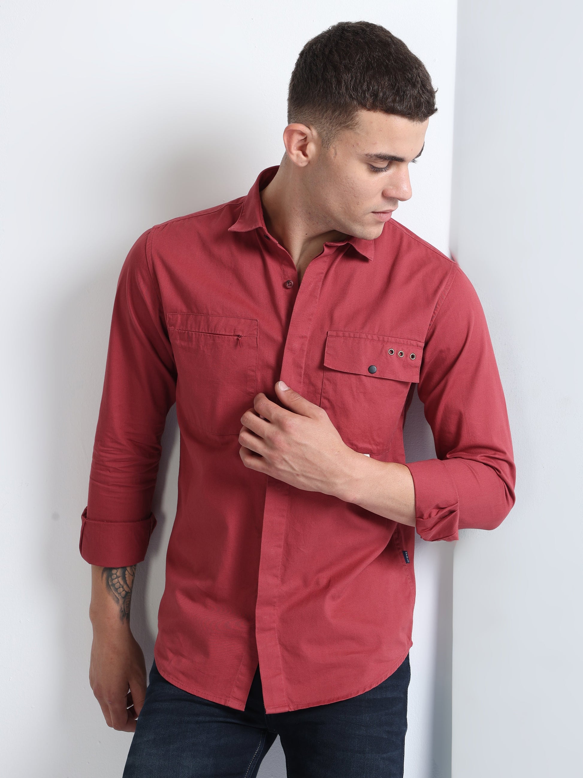 peach hidden pocket plain shirt for men