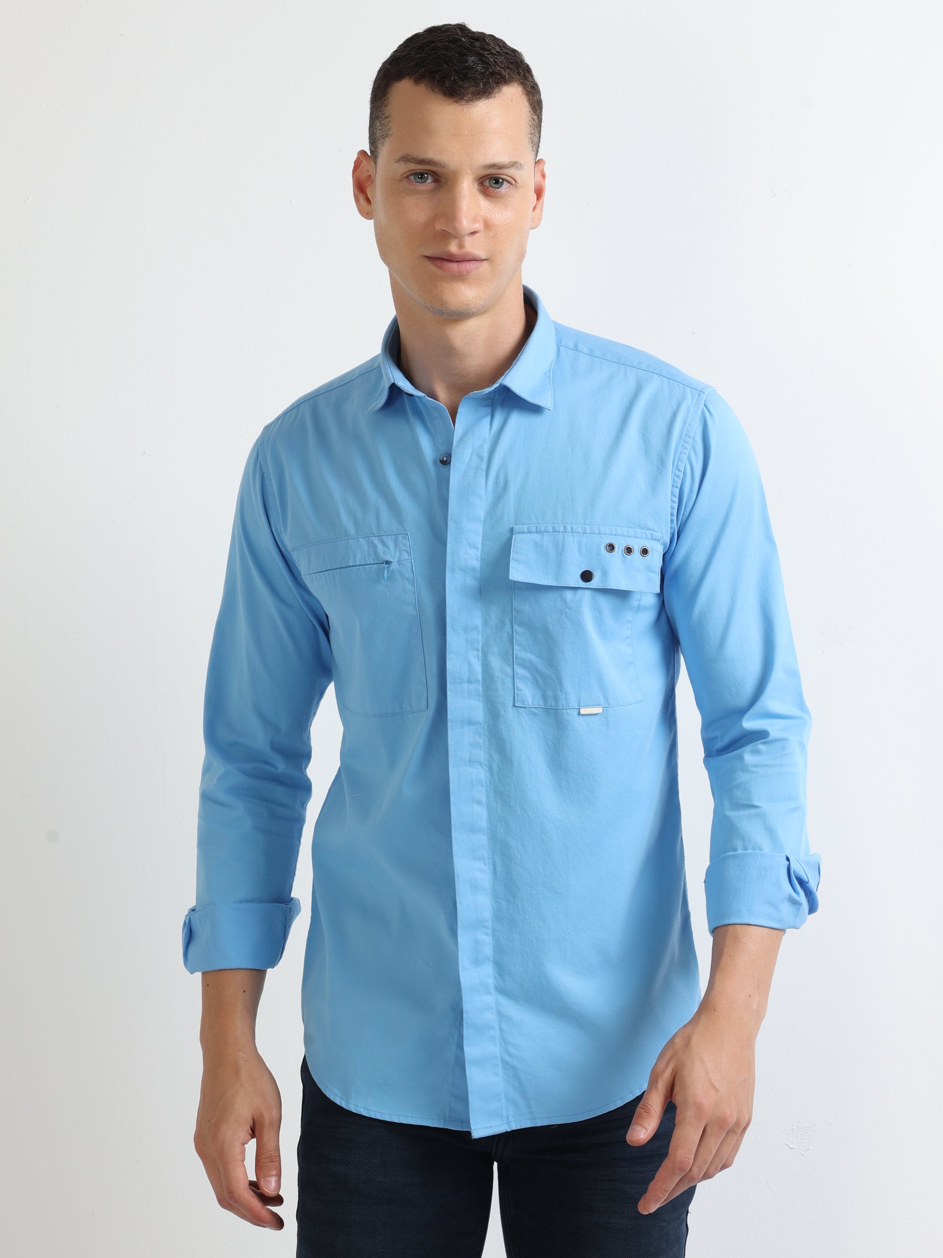 sky blue plain hidden pocket shirt for men