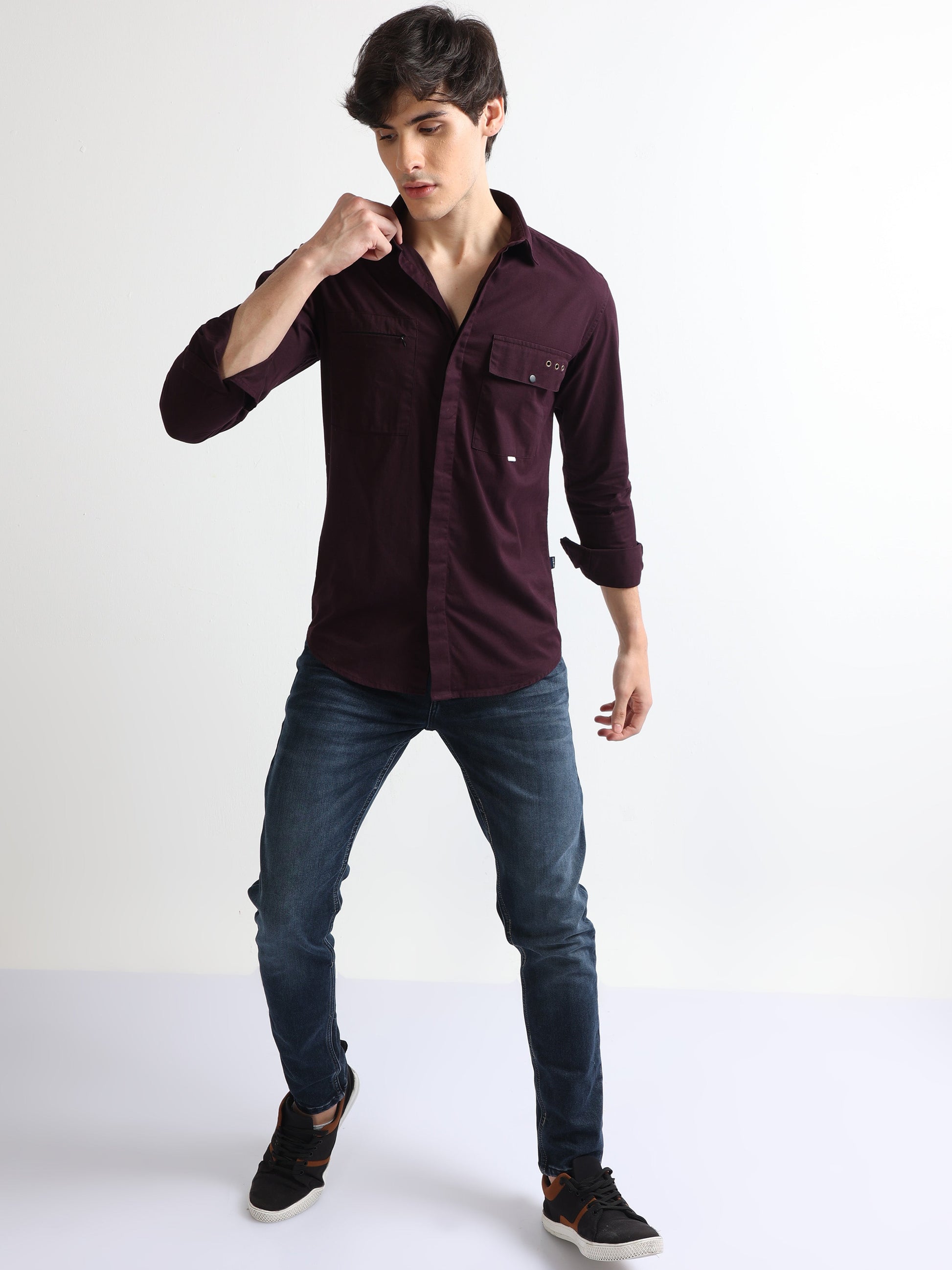 maroon hidden pocket stylish plain shirt