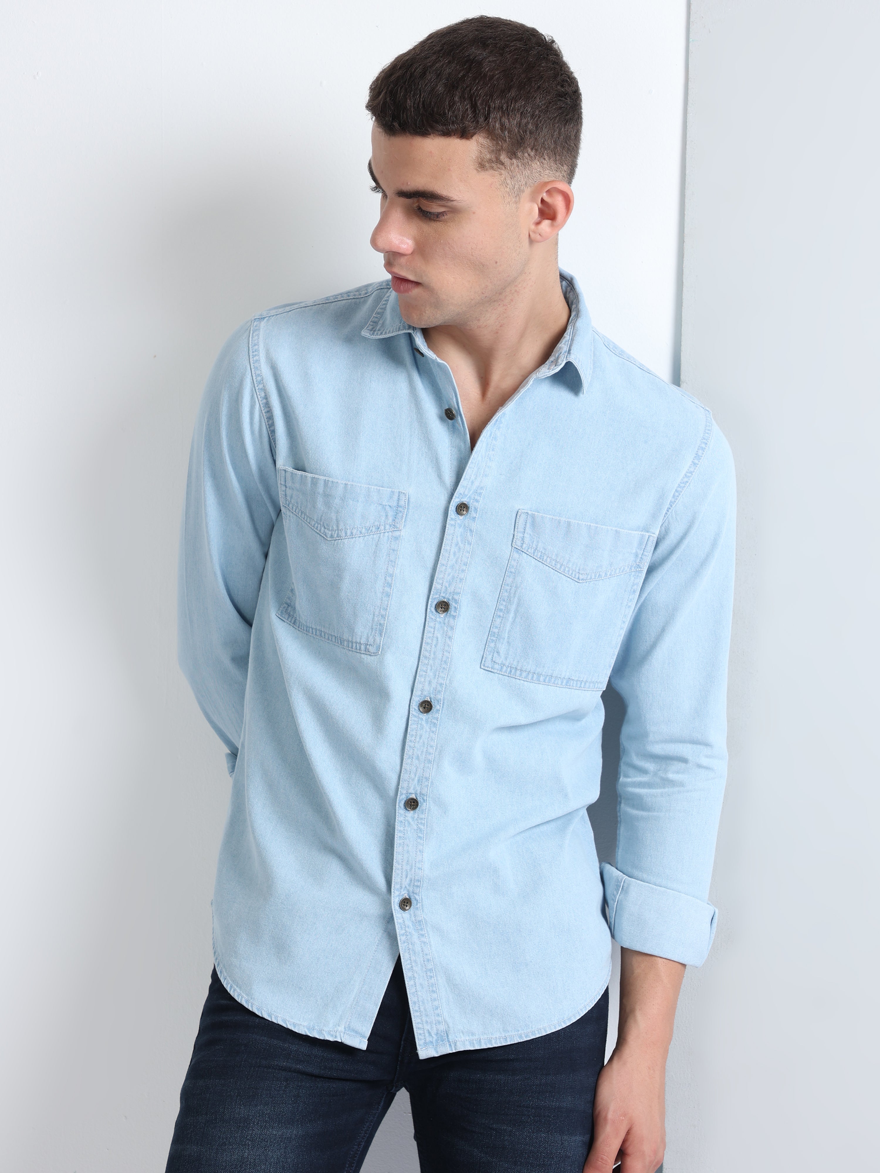 Amazon.com: Alloaone Jeans Long Sleeve Shirt Men Spring Fashion Light Blue Denim  Shirt Male Clothes : Clothing, Shoes & Jewelry