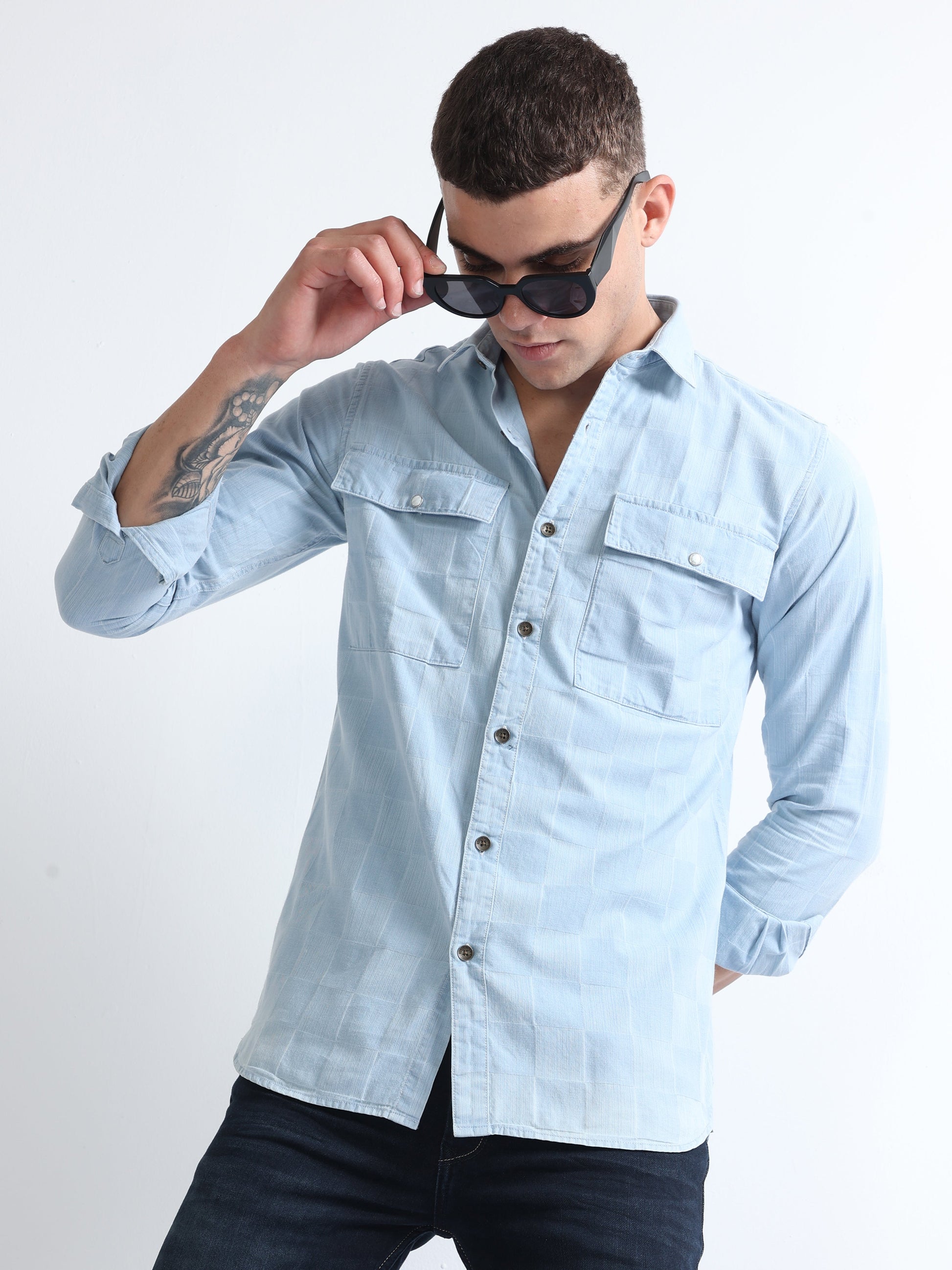 light blue double pocket denim shirt