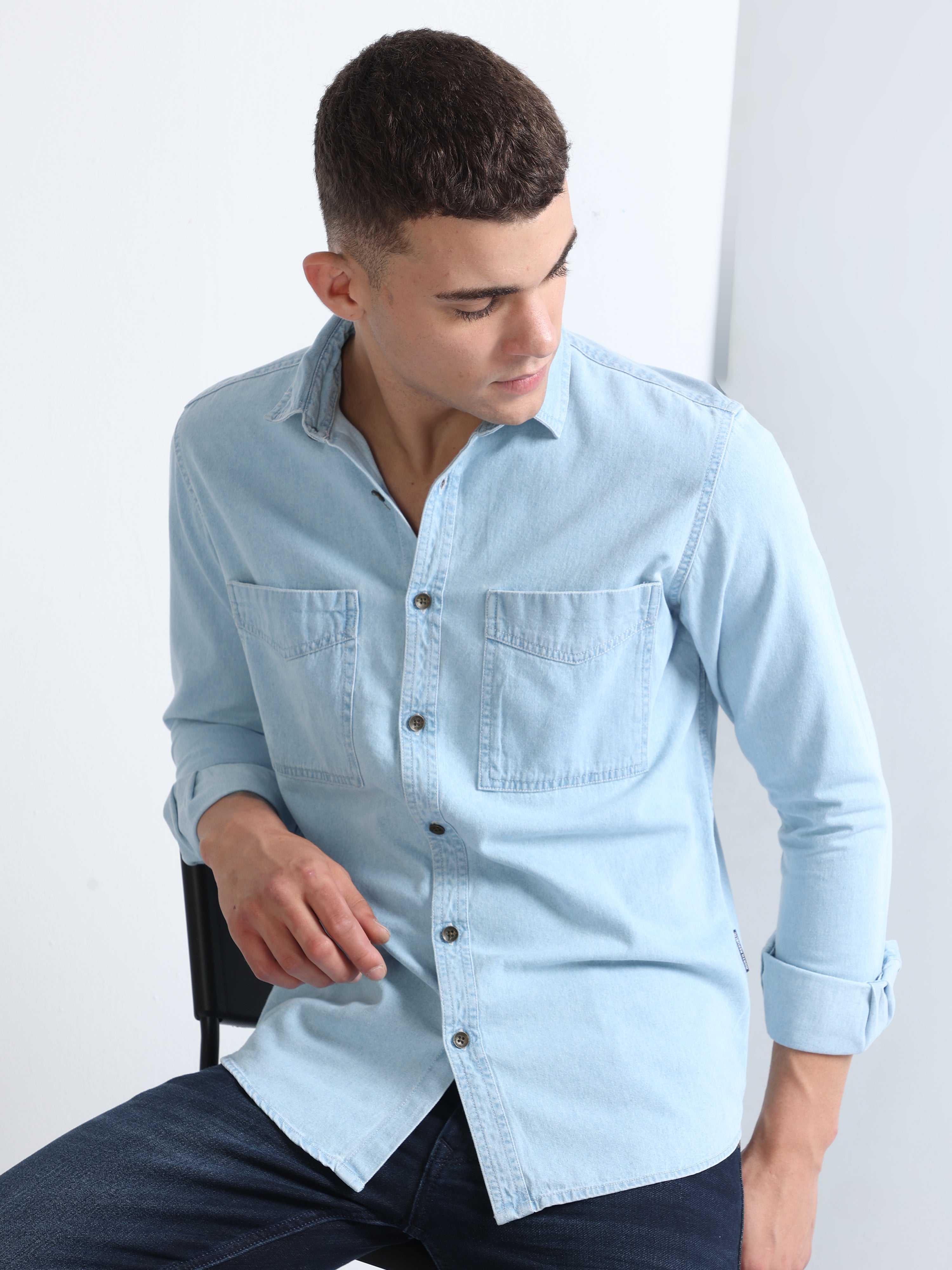 Buy Dark Blue Single Pocket Denim Shirt for Men Online in India -Beyoung