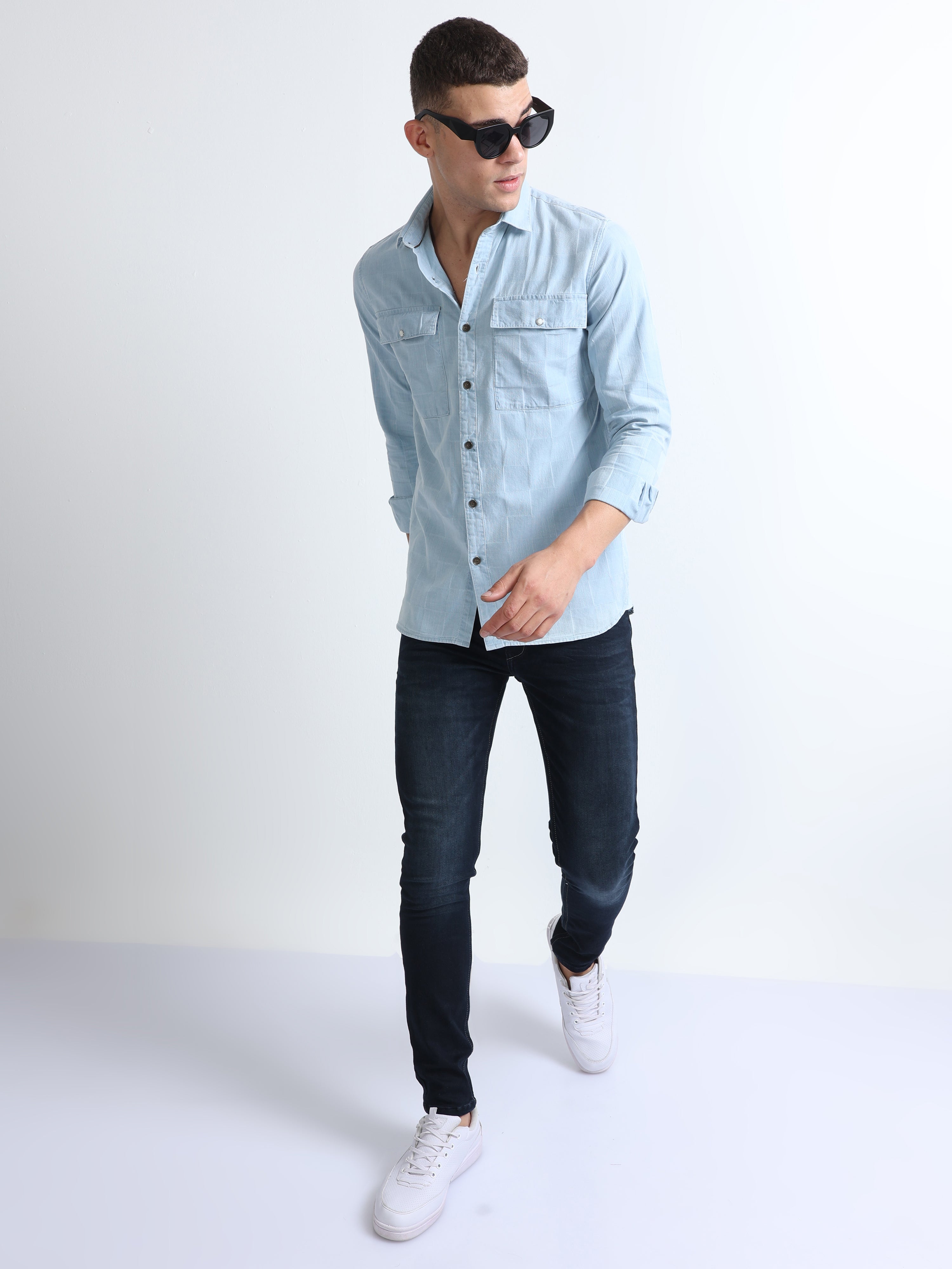 Men's Denim Slim Shirts Solid Lightweight Short Sleeved Double Pocket  Cotton New | eBay