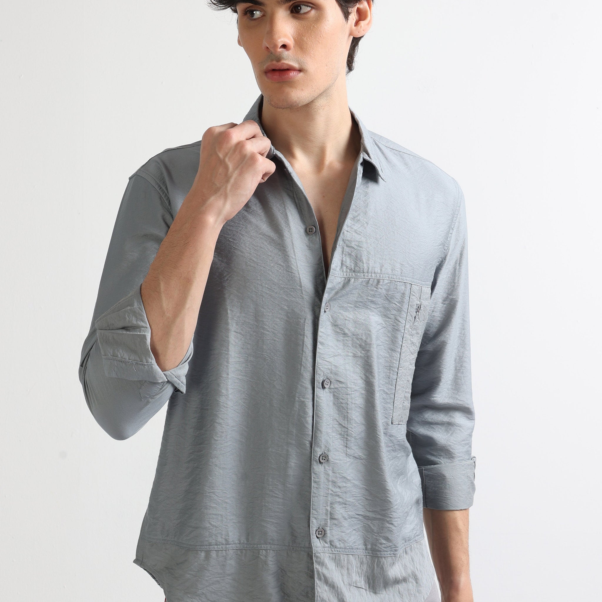 Ash Men's Imported Fabric Solid Crushed Plain Shirt