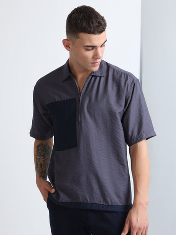 Dark Grey Men's Imported Fabric Stylish Drawcod Plain Shirt
