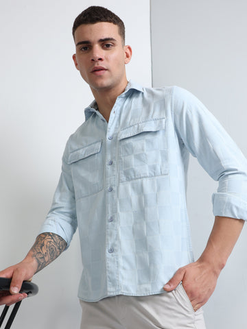 Light Blue Indigo Double Pocket Men's Checked Shirt