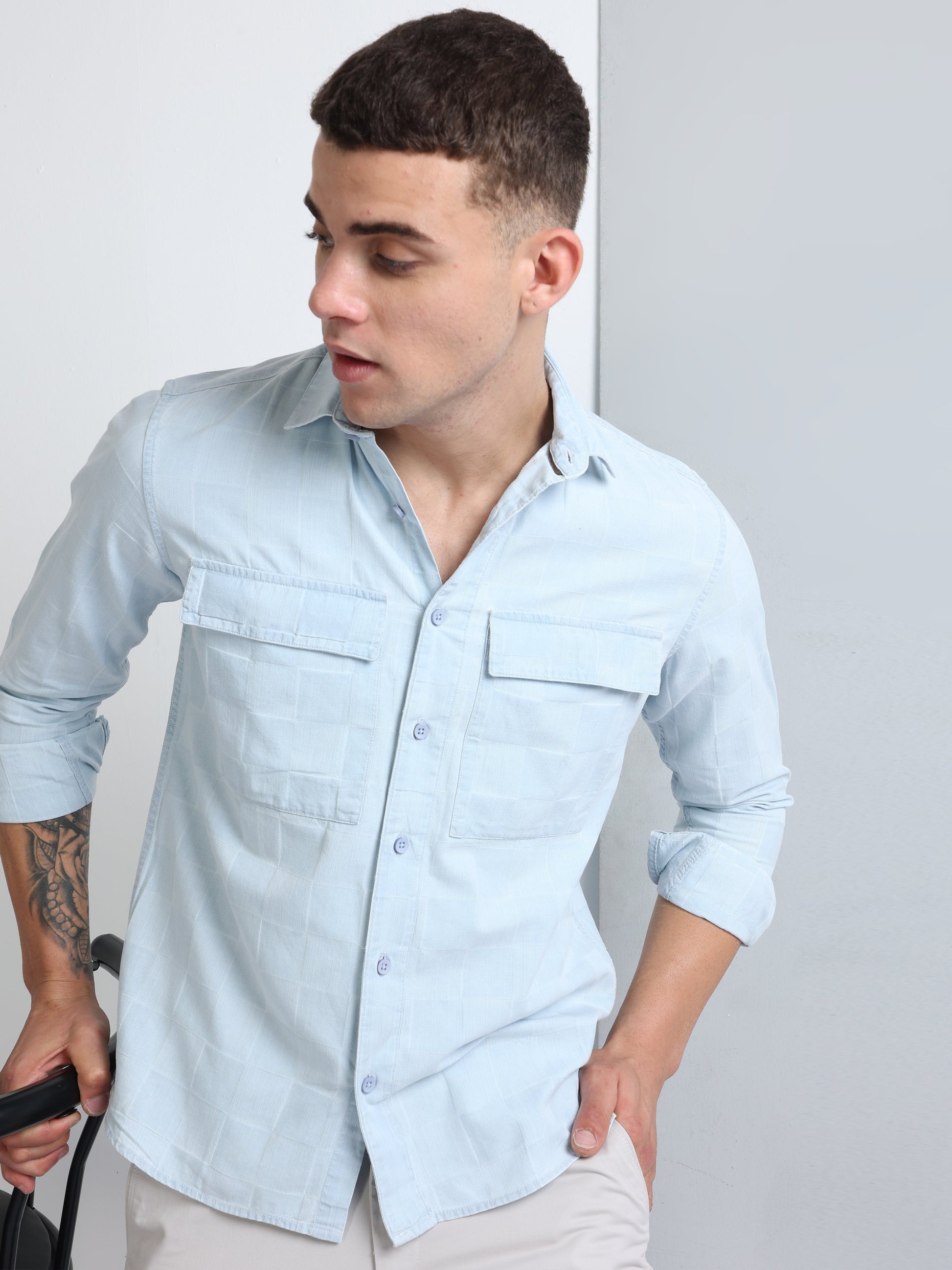 Light Blue Indigo Double Pocket Men's Checked Shirt