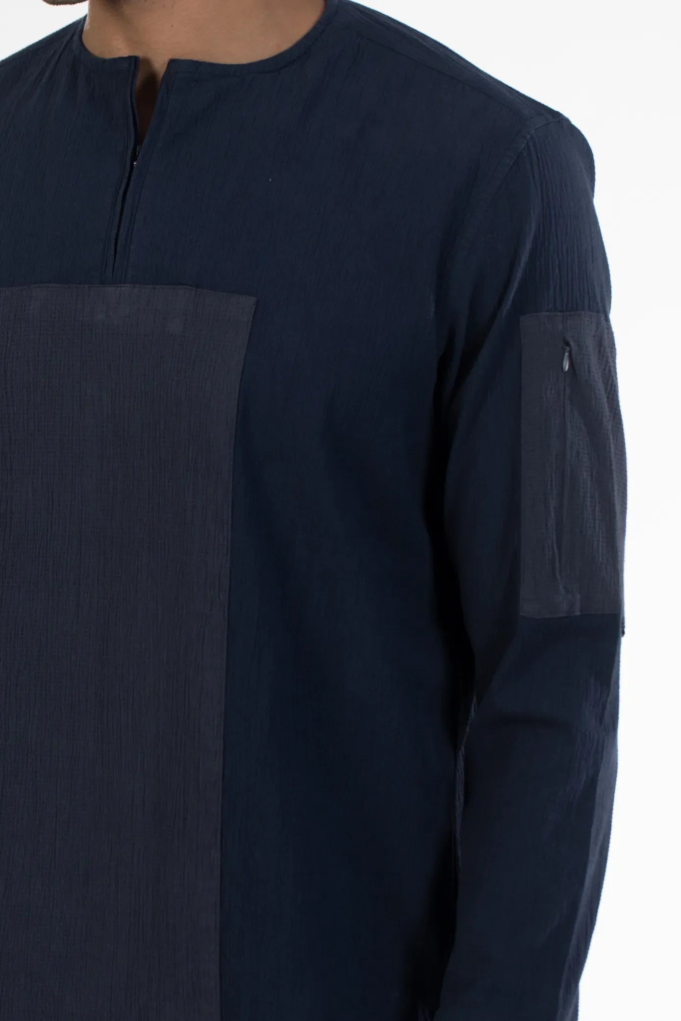 Navy Kangaroo Pocket Crushed Plain Shirt