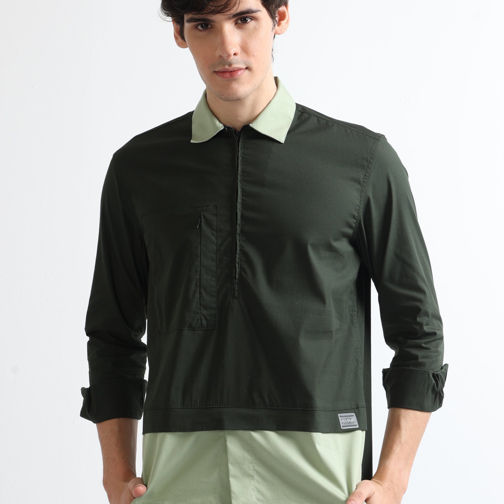 Green Men's Kurta Open Collar Plain Shirt