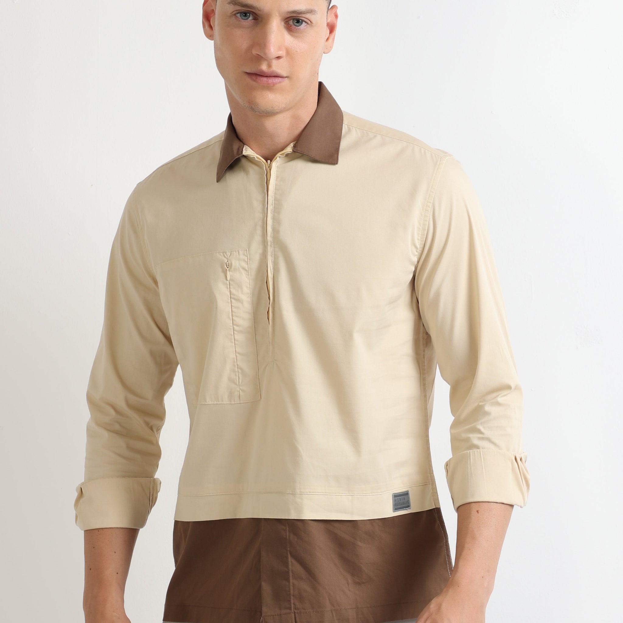 Cream Men's Kurta Open Collar Plain Shirt