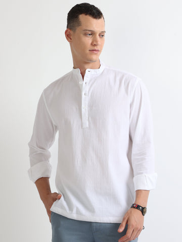 White Men's Kurta Style Chinese Collar Plain Shirt