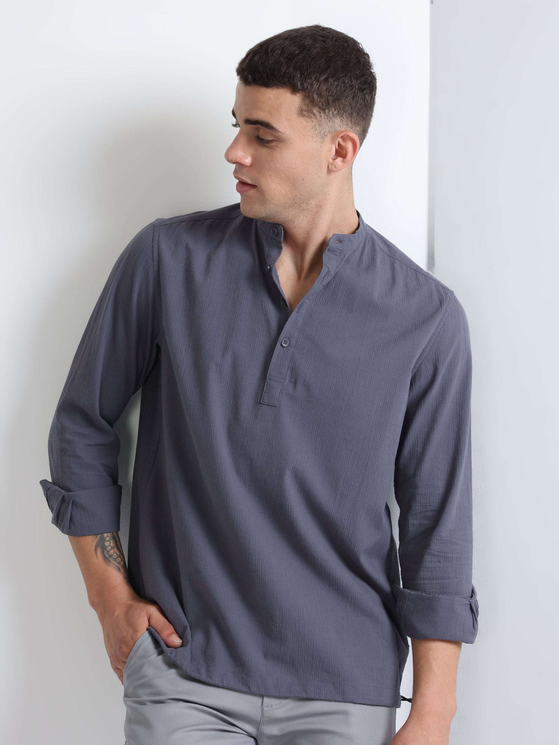 Grey Men's Kurta Style Chinese Collar Plain Shirt