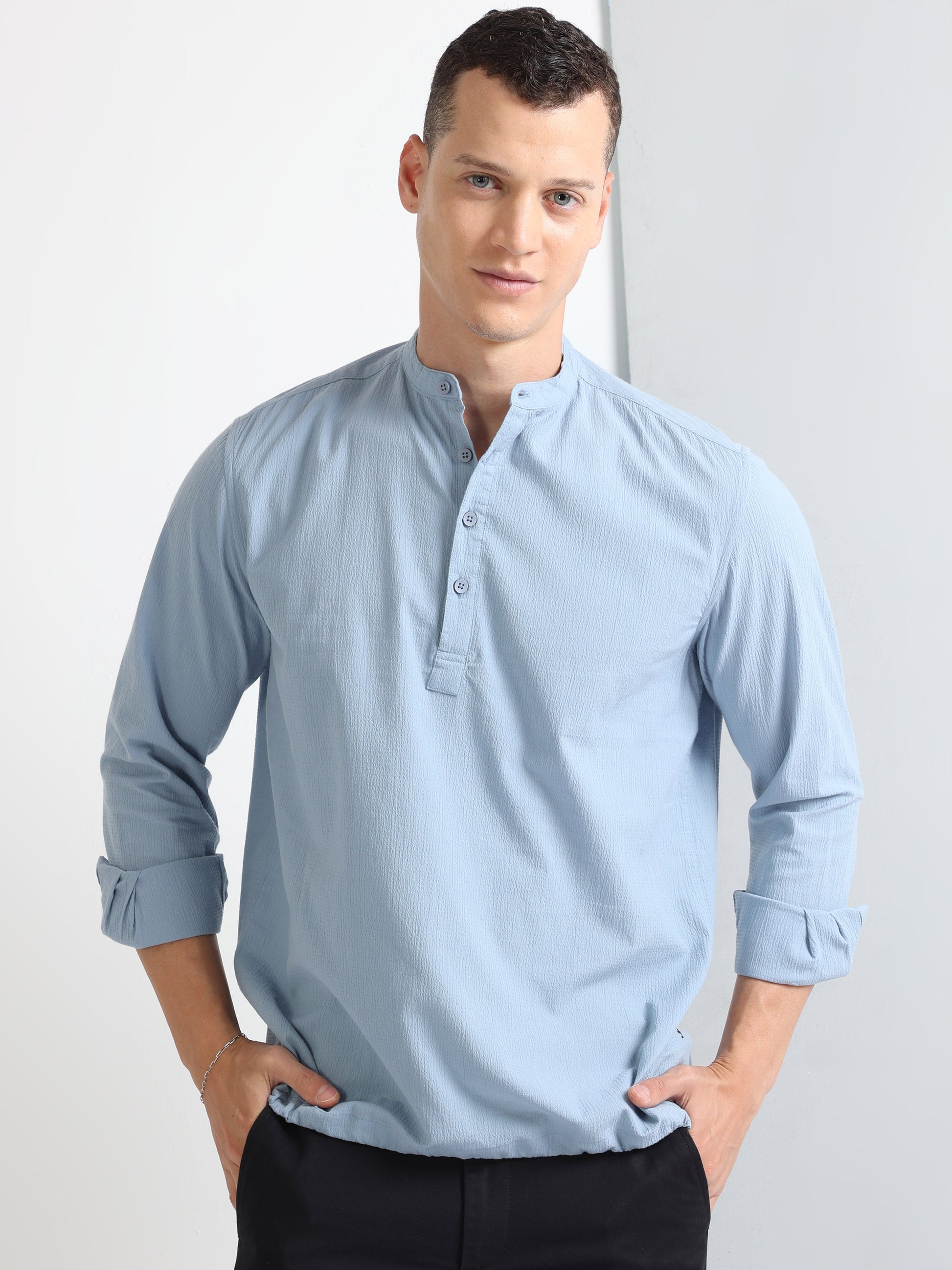 Buy Kurta Style Chines Collar Shirt With Drawcod Online.