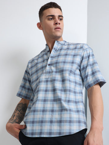 Blue Kurta Style Half Sleeve Men's Checked Shirt