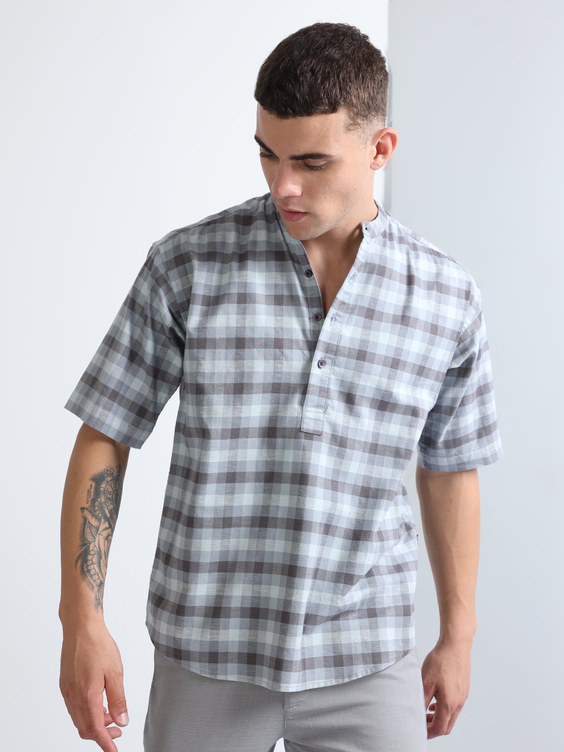 Buy Kurta Style Half Sleeve Checked Shirt Online.