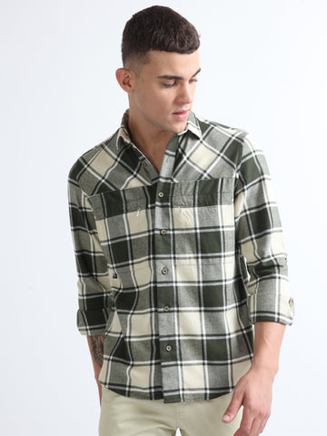 Green Double Pocket Twill Checked Shirt
