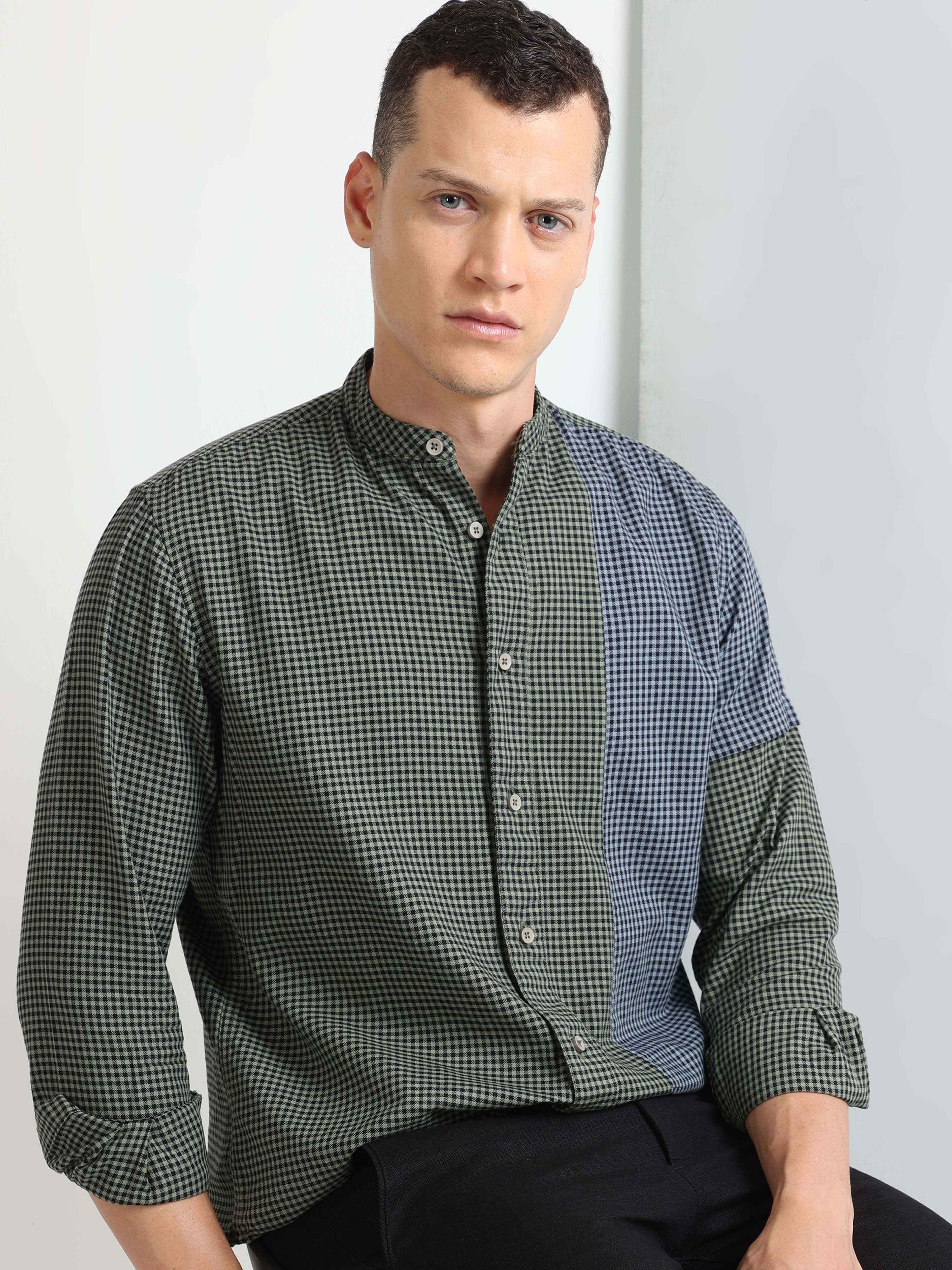 Shop Green Micro Checks Mixmatch Chinese Collar Shirt Online