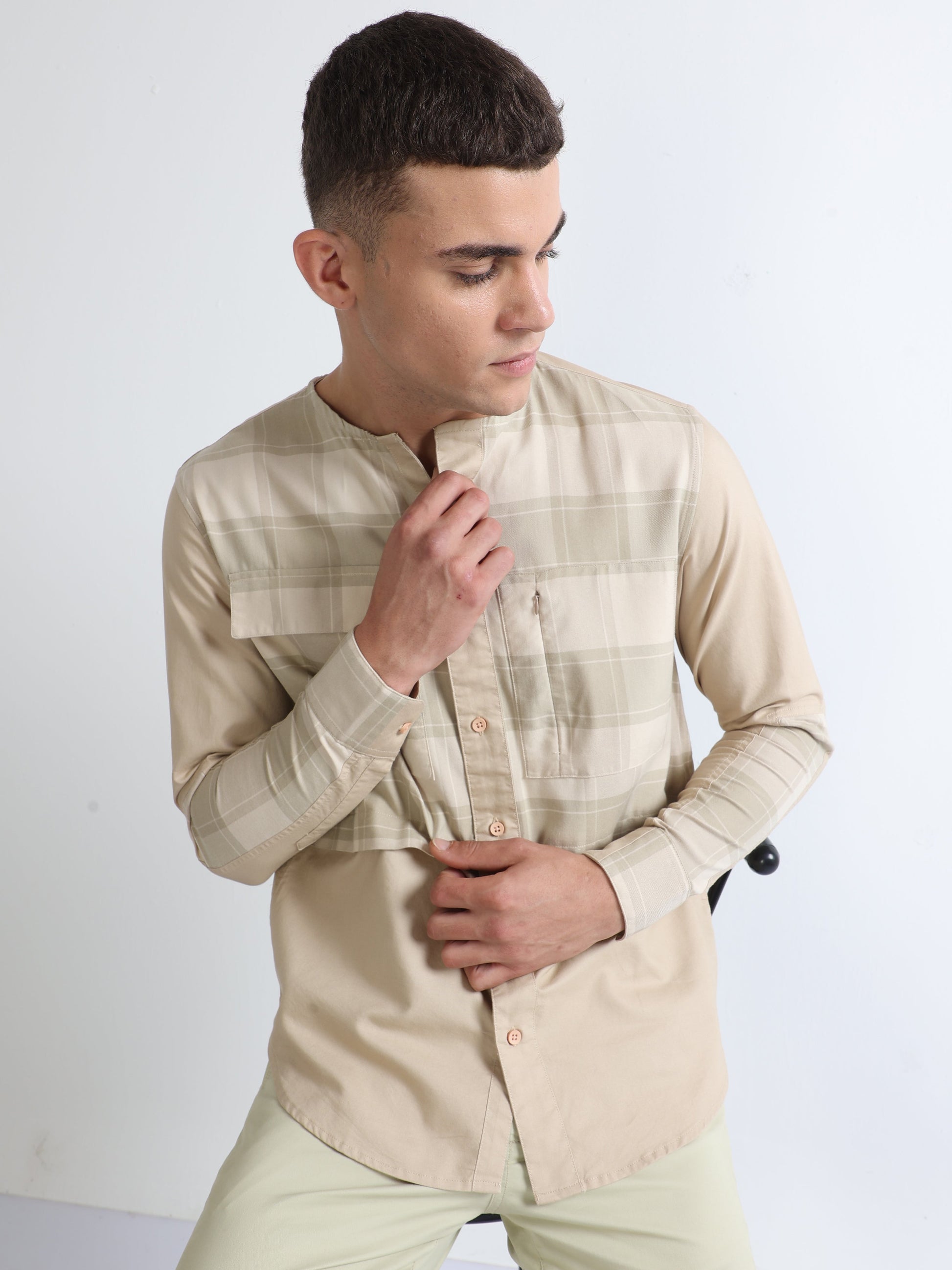 Beige Men's Mix And Match Crew Neck Stylish Plain Shirt