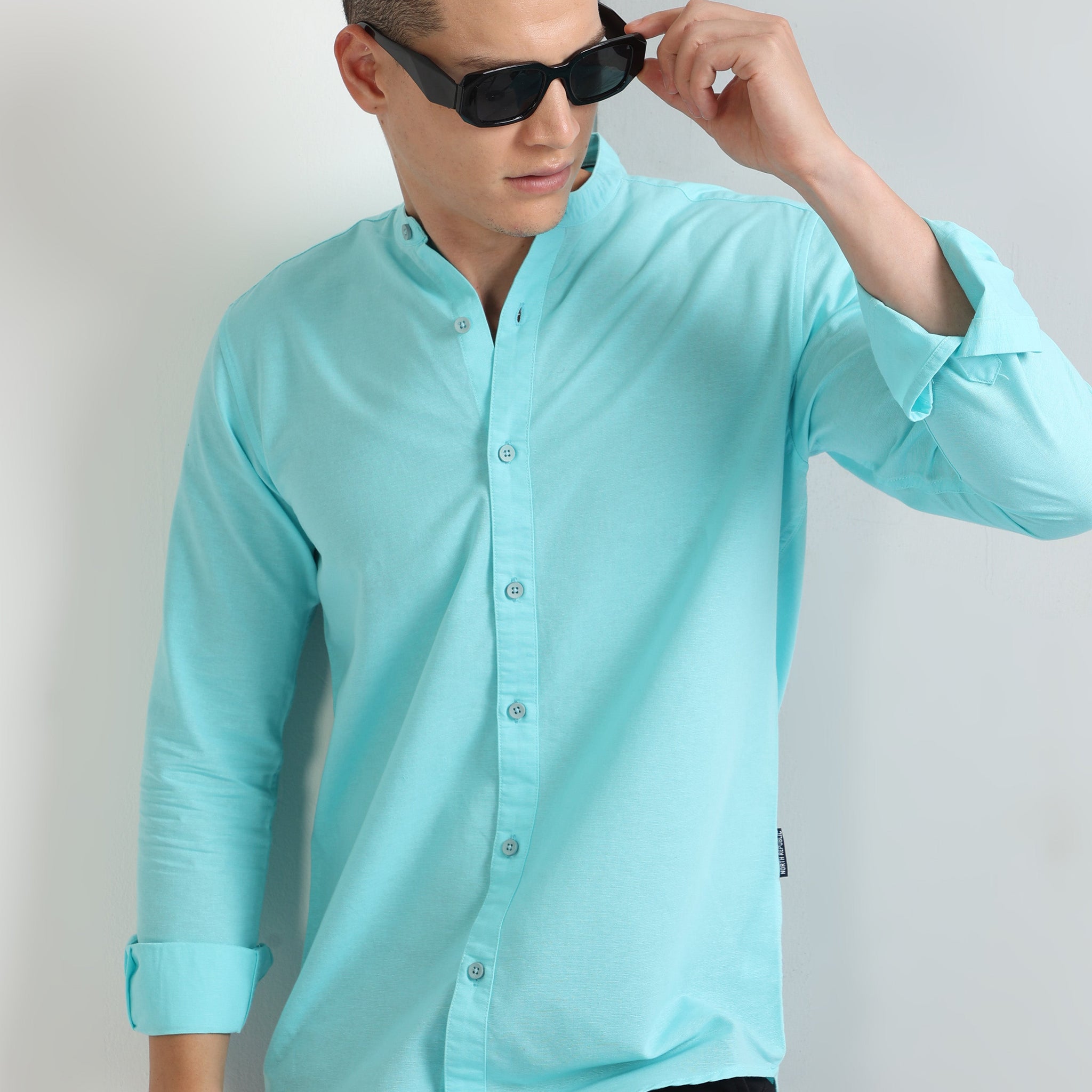Sea Blue Men's Chinese Collar Plain Shirt