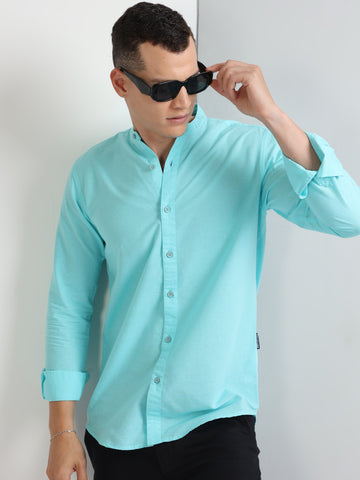 Sea Blue Men's Chinese Collar Plain Shirt