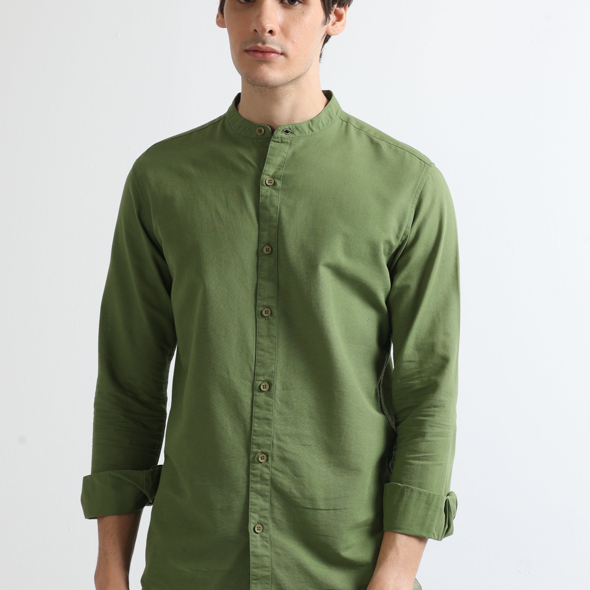 Light Green Men's Chinese Collar Plain Shirt