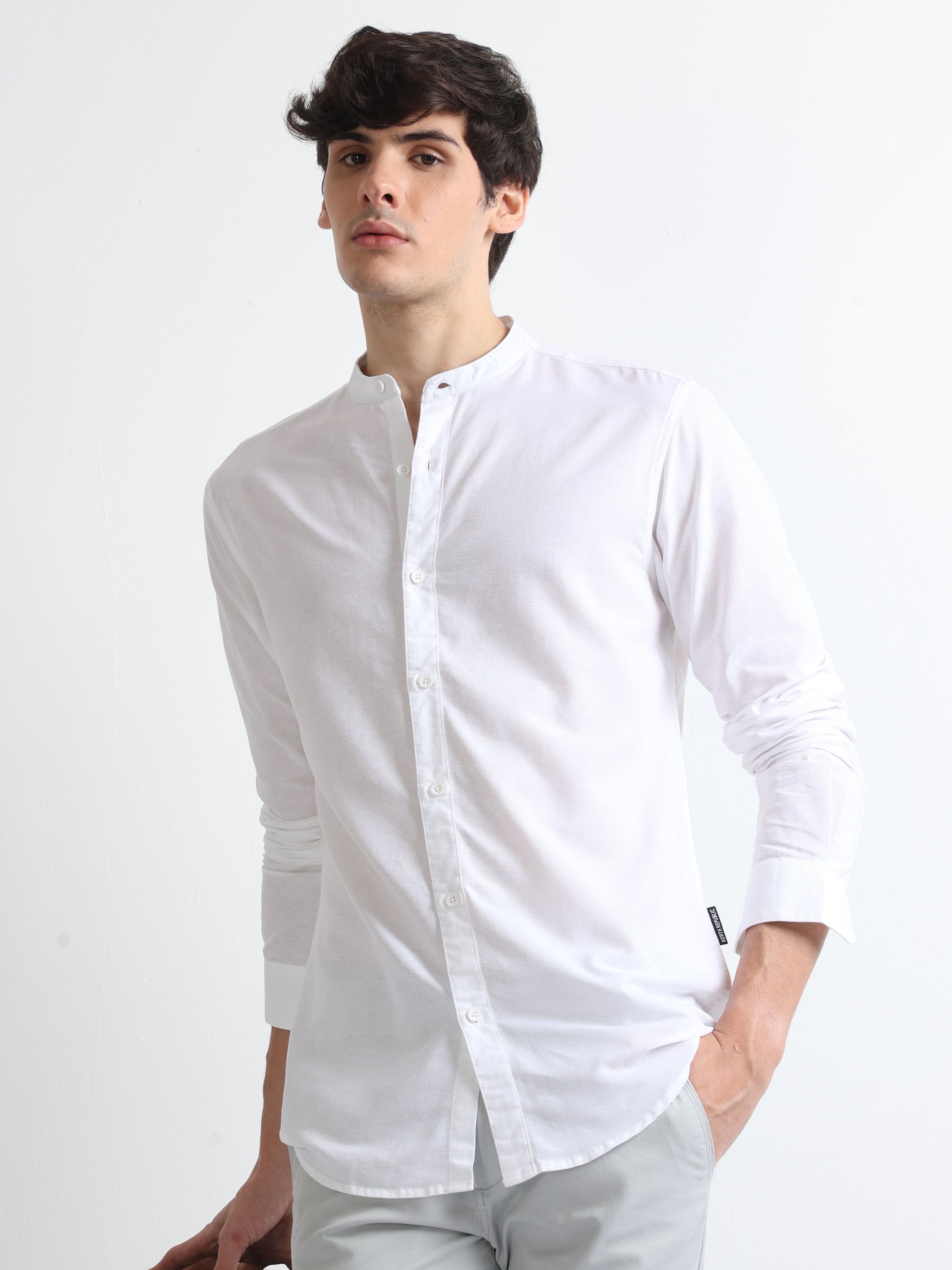 Buy White Men's Chinese Collar Plain Shirt- North Republic Buy White Men's Chinese Collar Plain Shirt- North Republic