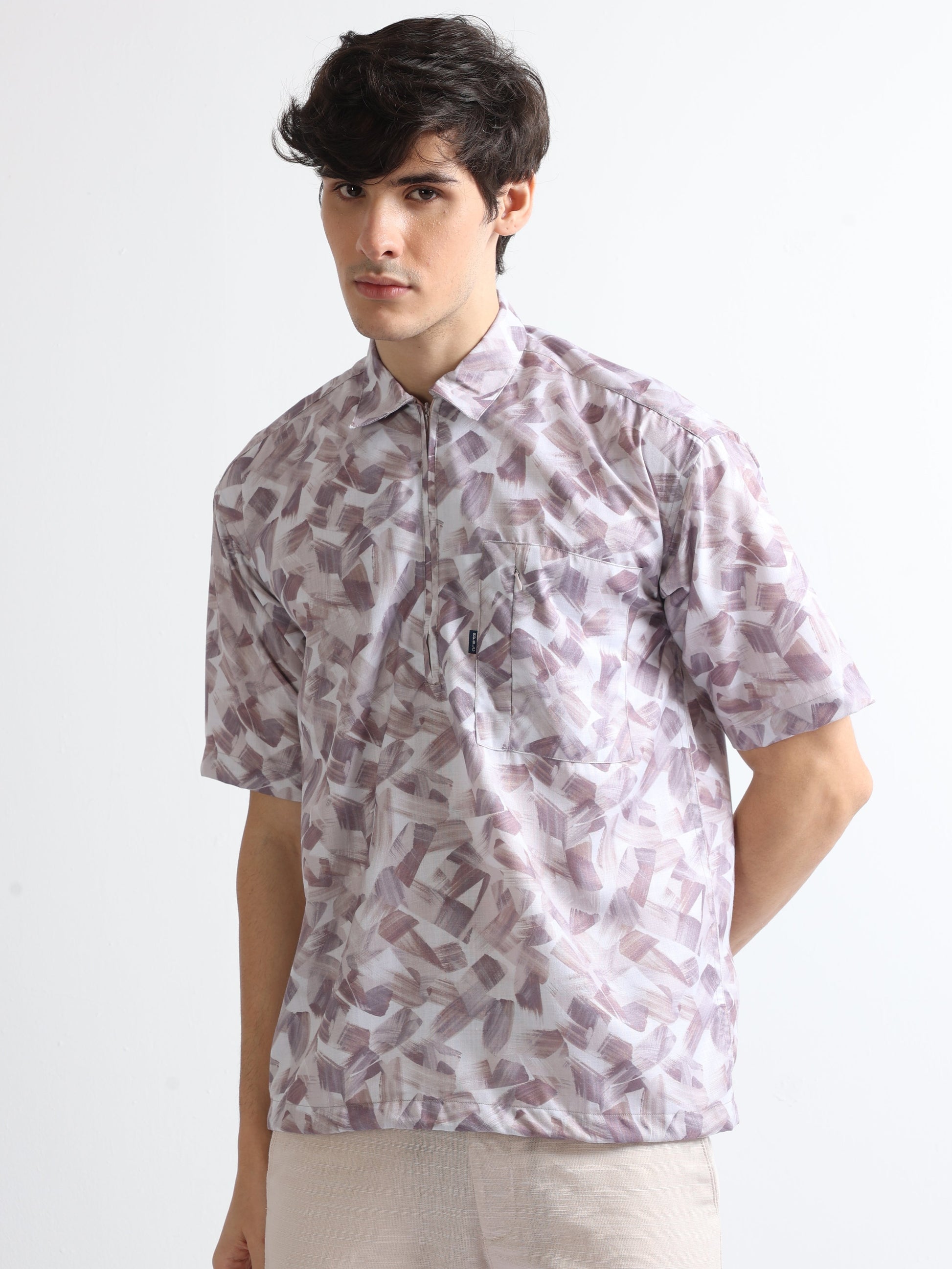 beige open collar drawcod digital printed shirt