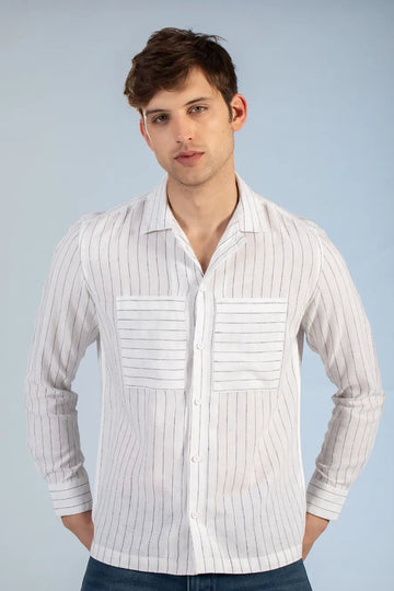 white double pocket open collar men's striped shirt